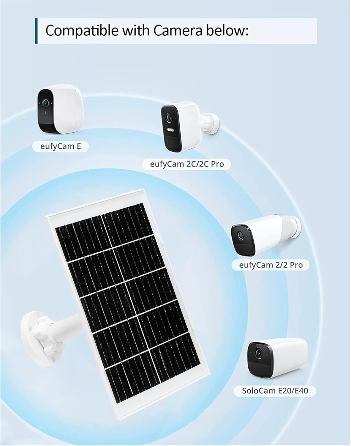 9W Solar Panel for Eufy and Ring Cameras Compatible with Eufy E,2C/2C Pro,2/2Pro,E20/E40,Solo,Solocam Spotlight Includes Micro USB & USB-C & Dc3.5Mm Ports -9.8 Ft Charging Cable image number 3