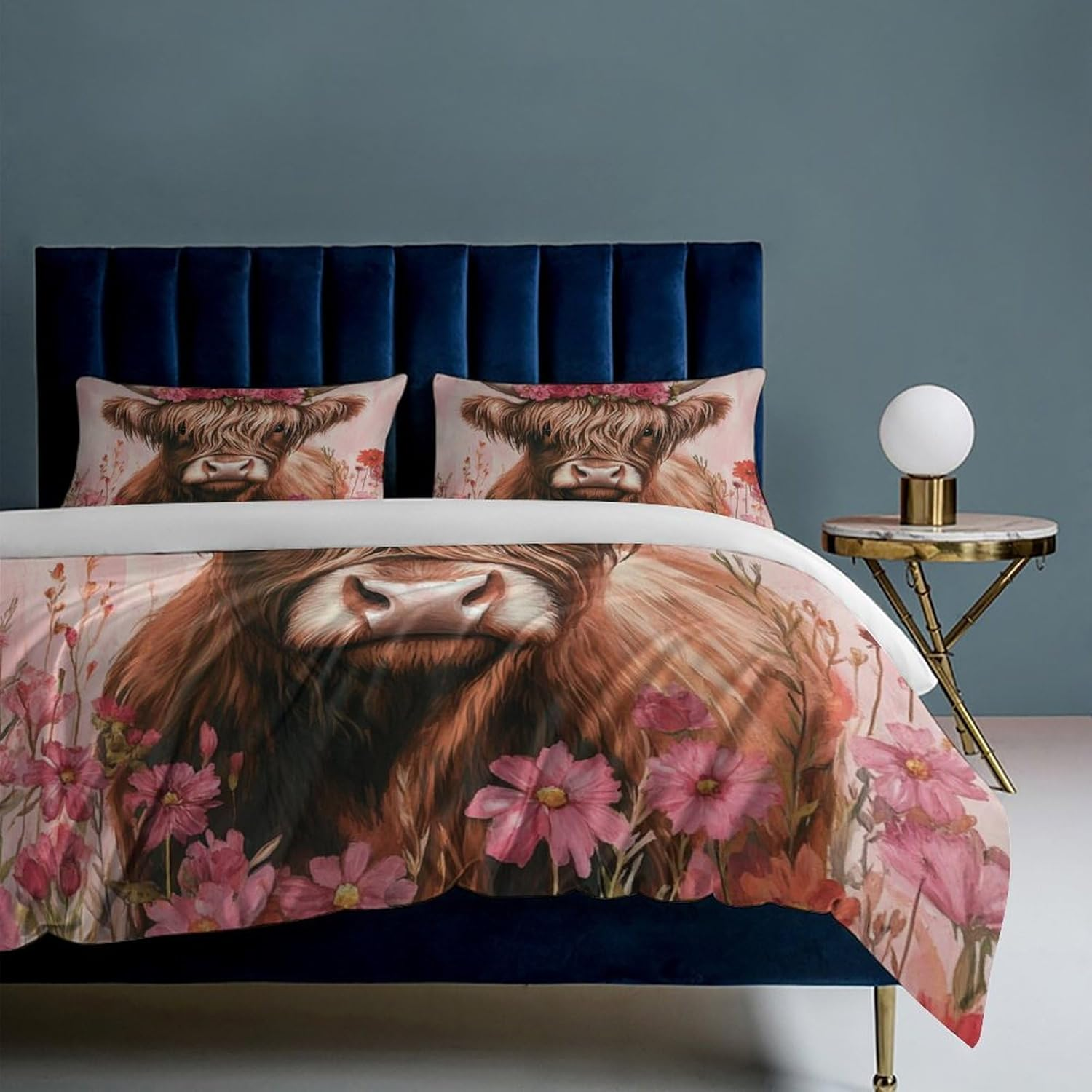 Highland Cow Duvet Cover Sets Bedding Set Cartoon Animal Comforter Cover with Hidden Zipper 3 Pieces Soft Microfiber Quilt Cover with Pillowcase,Queen（210X210Cm） image number 4