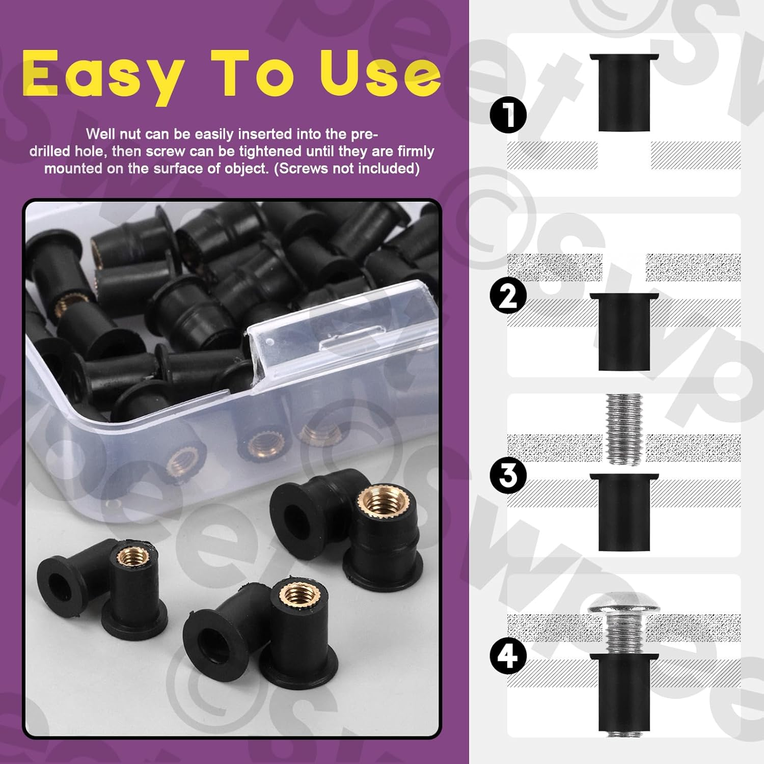 Swpeet 20Pcs M4 Black Rubber Well Nuts Kit, Windshield Fairing Fasteners Nuts, Fairing Universal Motorcycle Fasteners and Neoprene Expansion Brass Nuts Ideal for Canoe Boat Kayak image number 2