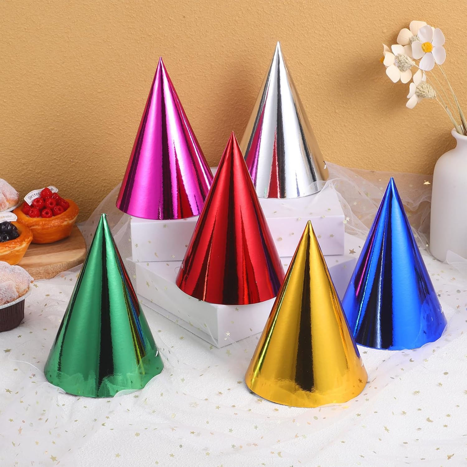 YARNOW 12Pcs Party Hats for Adults Colorful Birthday Party Hats Birthday Party Hats Colored Party Cone Hats Paper Party Hats Birthday Party Decorations Gold, Silver, Red, Green, Blue image number 1