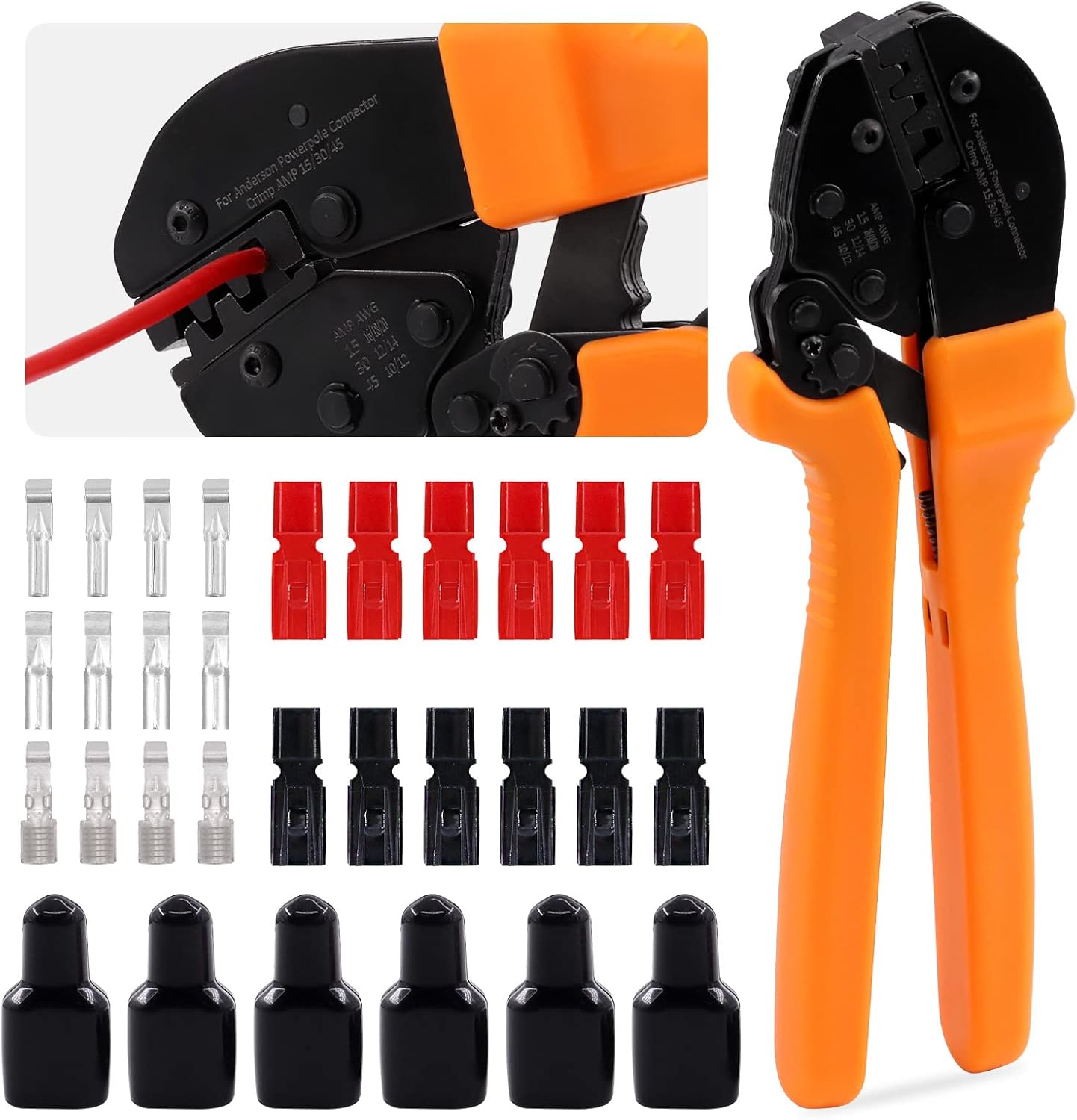 Glarks 31Pcs Power Connector Crimper Assortment Kit Set Including Ratcheting Wire Crimper with 15A 30A 45A Power Connectors and Cap Compatible with Anderson Connector image number 3