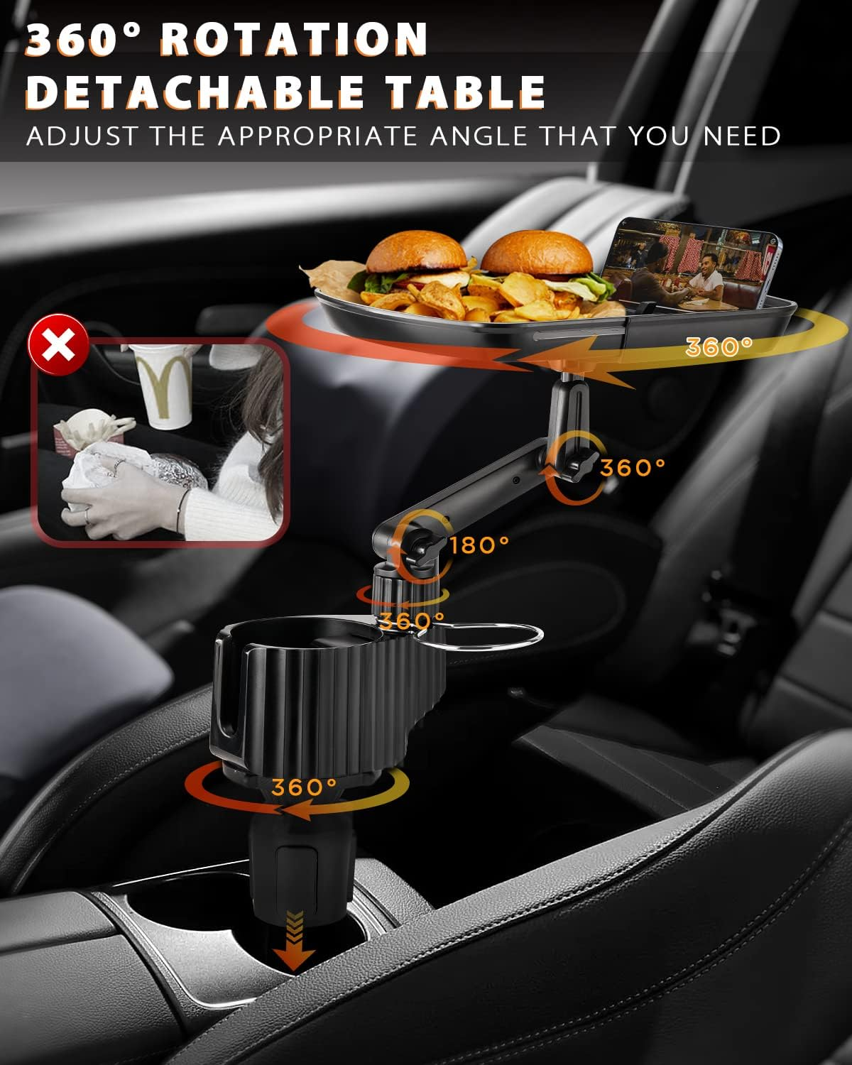 4-In-1 Car Cup Holder Expander Tray,Detachable Upgraded Large Car Food Tray Expandable Dual Cup with Phone Holder,360&deg;Rotation Adjustable Base,Road Trip Essentials Accessories for Drinking and Eating image number 2
