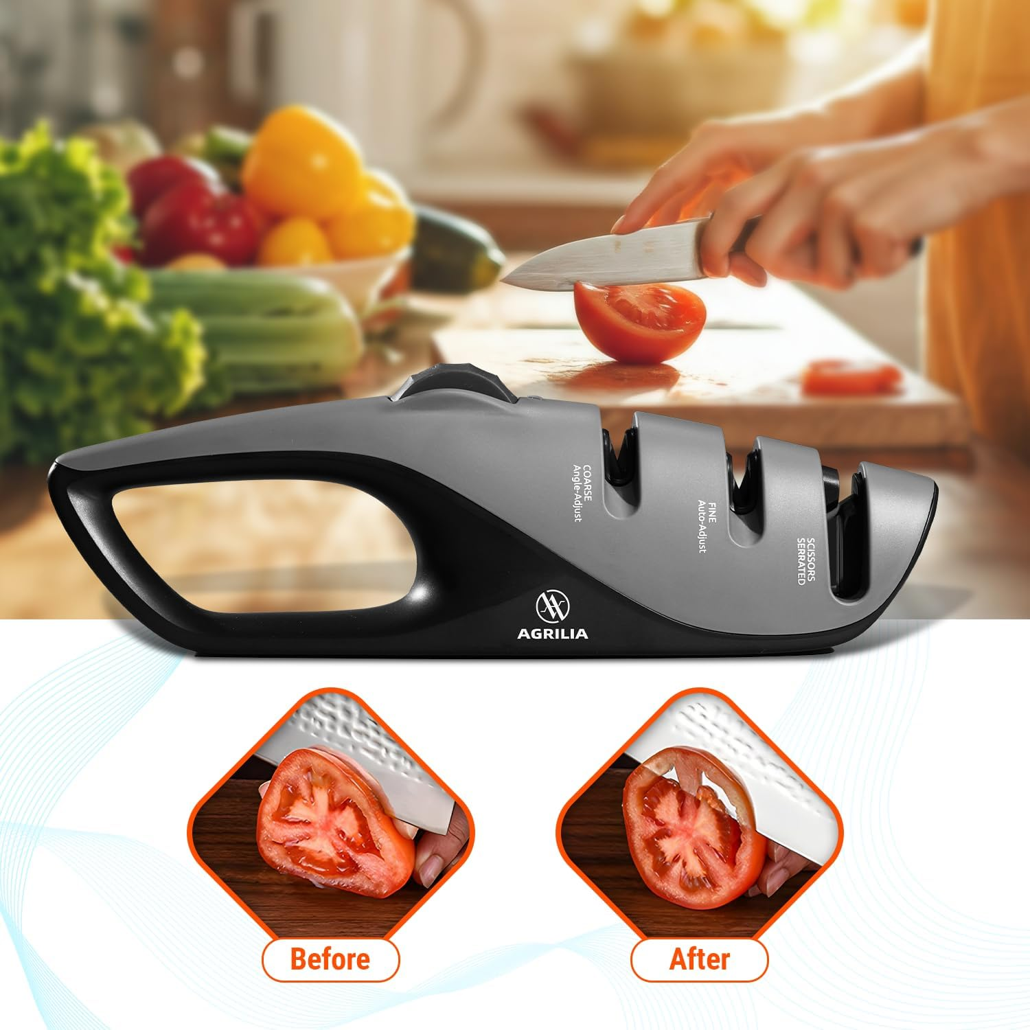 Agrilia Premium Knife Sharpener with Adjustable Angle Knob - Manual Sharpening Tool for Knives & Scissors, Includes Gift Chef'S Knife - Repair & Polish Blades, Non-Slip Grip for Safety image number 2