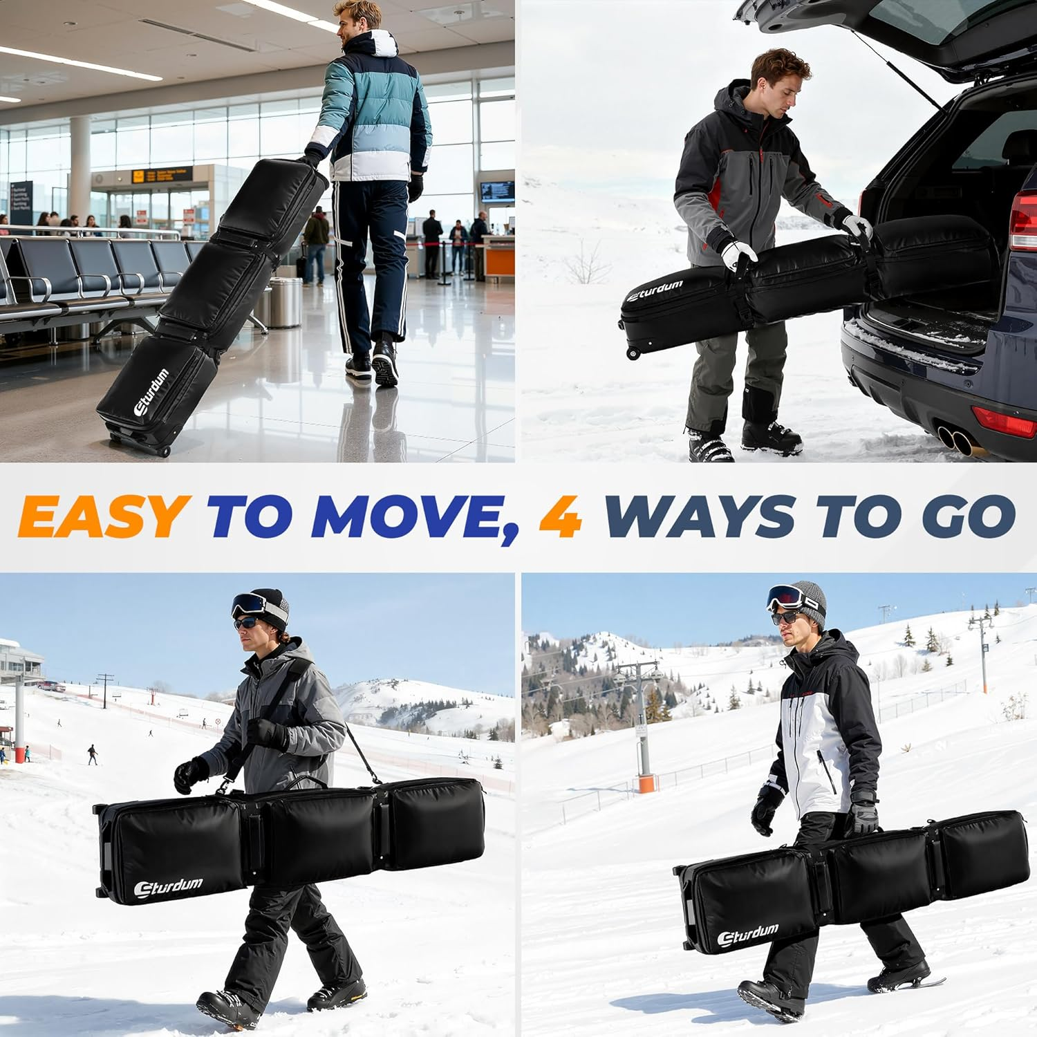 Sturdum Ski Bag with Wheels, Rolling Snowboard Bag for Air Travel, Extendable 155-185CM Wheeled Ski Bag All-Round Padded Protection, for Snowboard, Double Skis, Boots, Helmet, Ski Gear