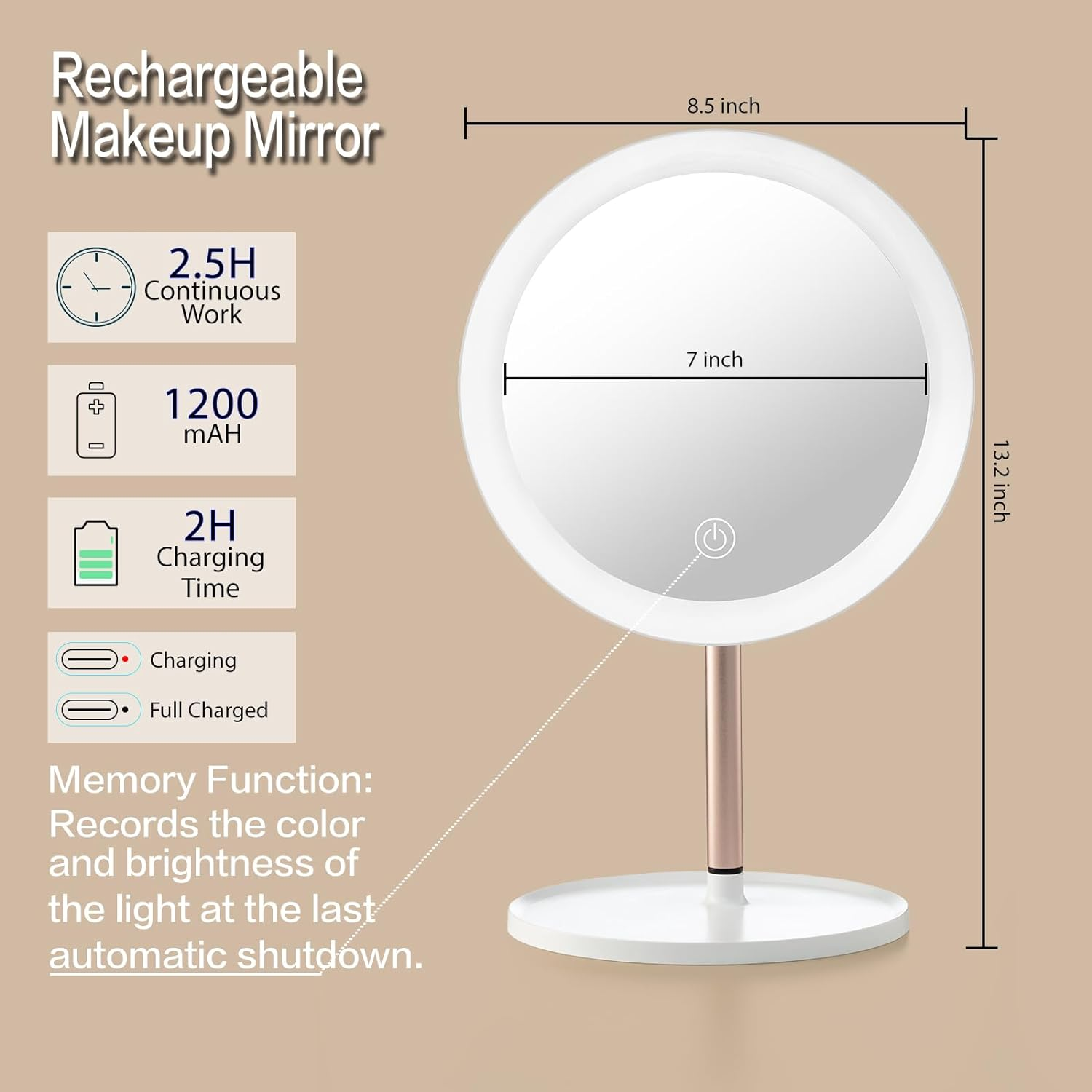 YEAKE Lighted Makeup Mirror,8.5'' Large Rechargeable Vanity Mirror with 3 Color Lights,Dimmable Touch Screen, Brightness Adjustable Desk Tabletop Mirror,Portable Table Cosmetic Mirror for Travelling image number 4