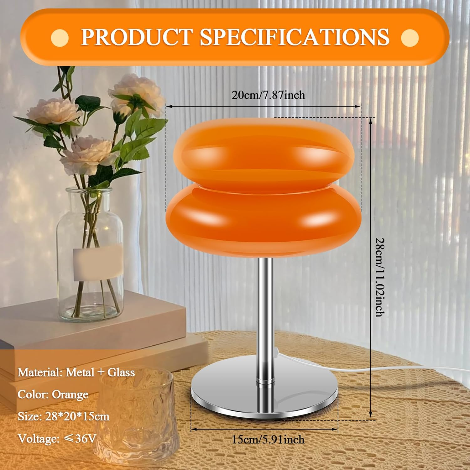 DJAPWPX Modern Egg Tart Glass Table Lamp Retro Cute Desk Lamp with 3 Color Dimmable Modes, Orange image number 1