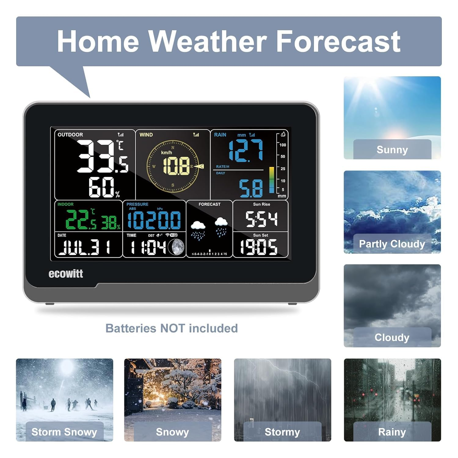 ECOWITT WS3902 Weather Station Kit, Includes WS85 Outdoor Sensor, WN32 Outdoor Thermo-Hygrometer Sensor, and WS3900 Indoor 7.5'' LCD Display Console, 433 Mhz image number 1