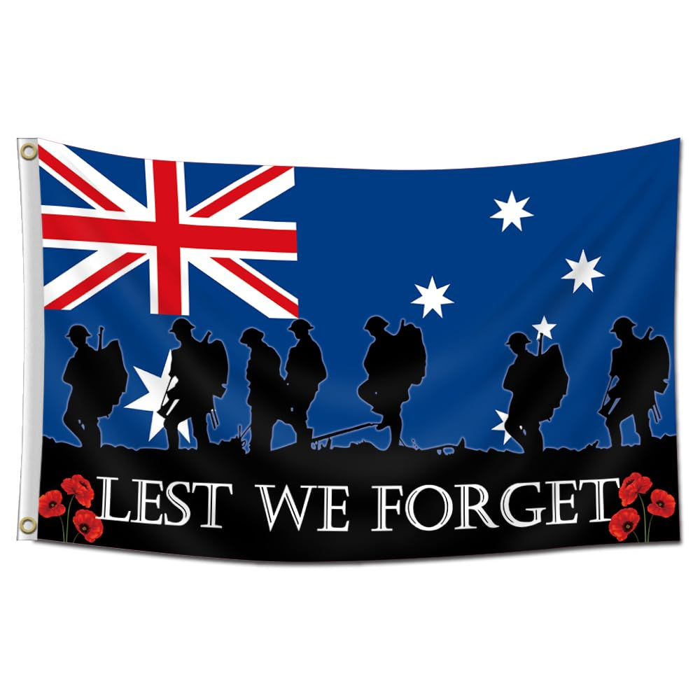 Australian Lest We Forget Flag 3X5FT Australia Anzac Day Flag 2 Grommet Decor Outdoor Flags for Memorial Day (Blue)