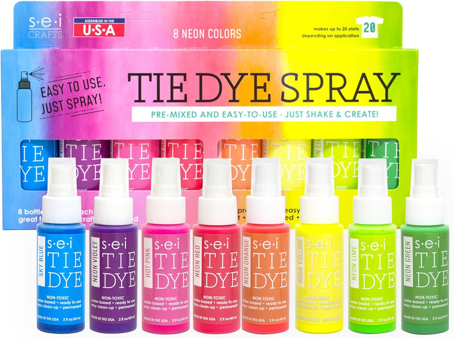 S.E.I. Neon Tie Dye Kit, Fabric Dye Spray Set, Easy Clean Up, Easy Application, Spray Tie Dye Kit - 8 Pack of Colors
