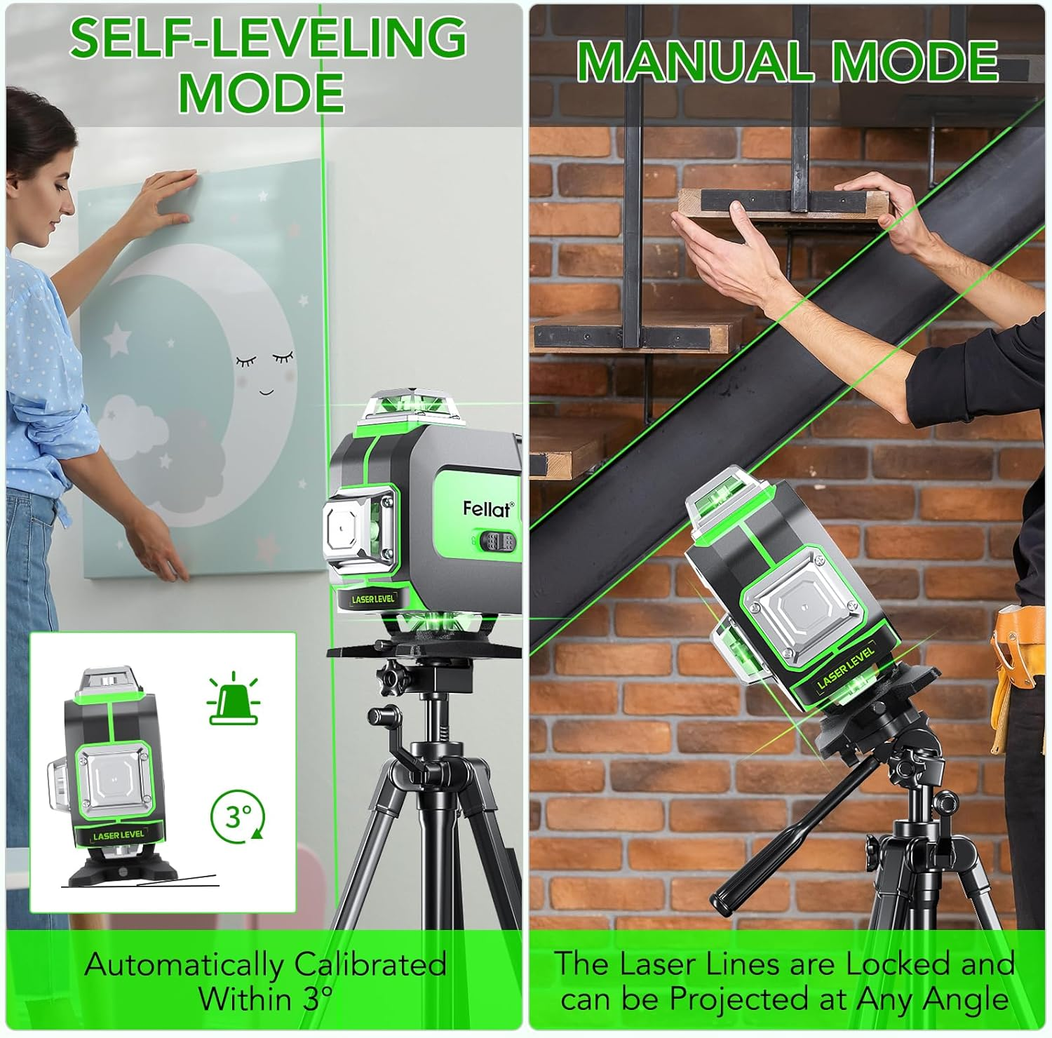 Cross Line Laser 4 X 360&deg; Cross Line Laser Green Self-Levelling Laser Spirit Level 16 Line Laser Rotation Laser with 2 X 4000 Mah Rechargeable Batteries and Remote Control image number 1