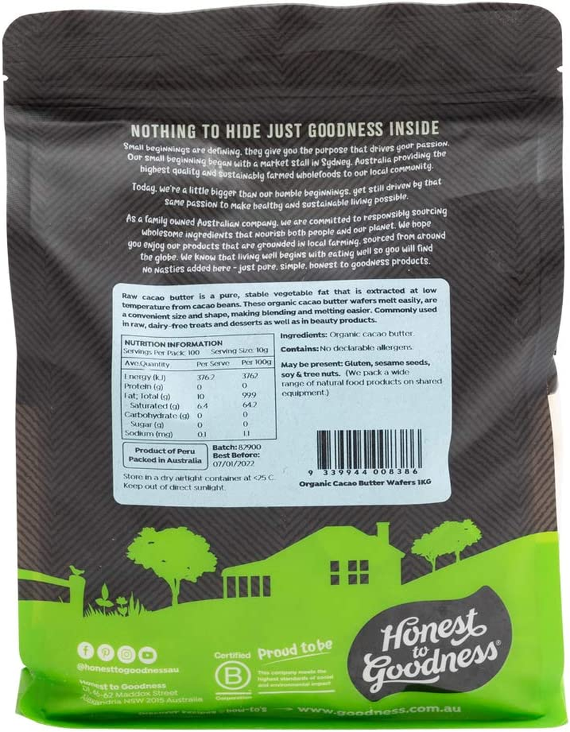Honest to Goodness, Organic Cacao Butter Wafers, 1 Kg - Neutral in Taste, Coupled with a Natural Cacao Aroma, Culinary and Cosmetic Applications. Free from Gmos.