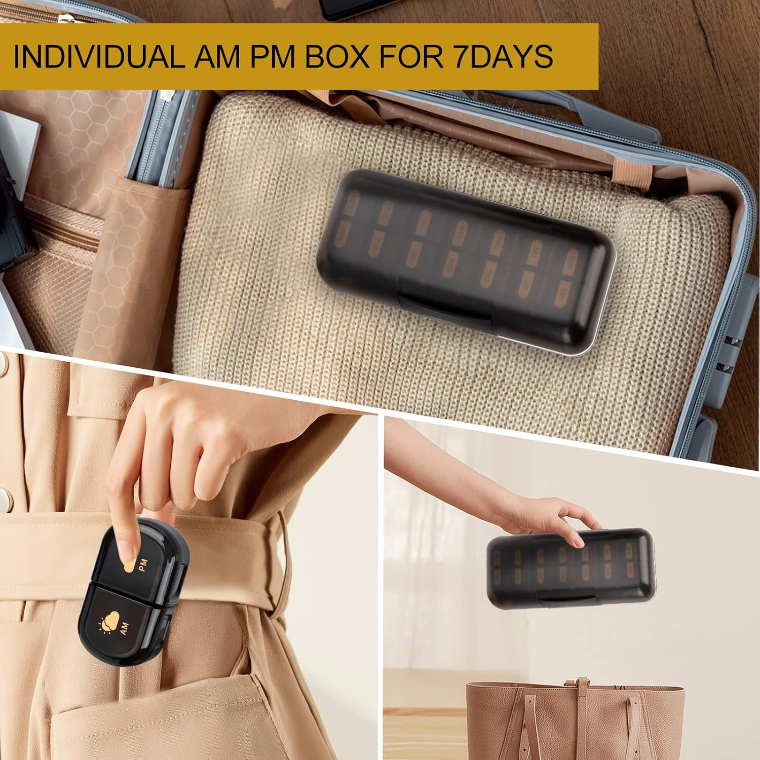 Weekly Pill Box Organiser Pill Boxes 7 Day 2 Times a Day,Portable Daily Pill Dispenser with 14 Detachable Copartments to Hold Vitamins, Cod Liver Oil, Supplements and Medication, Black image number 4