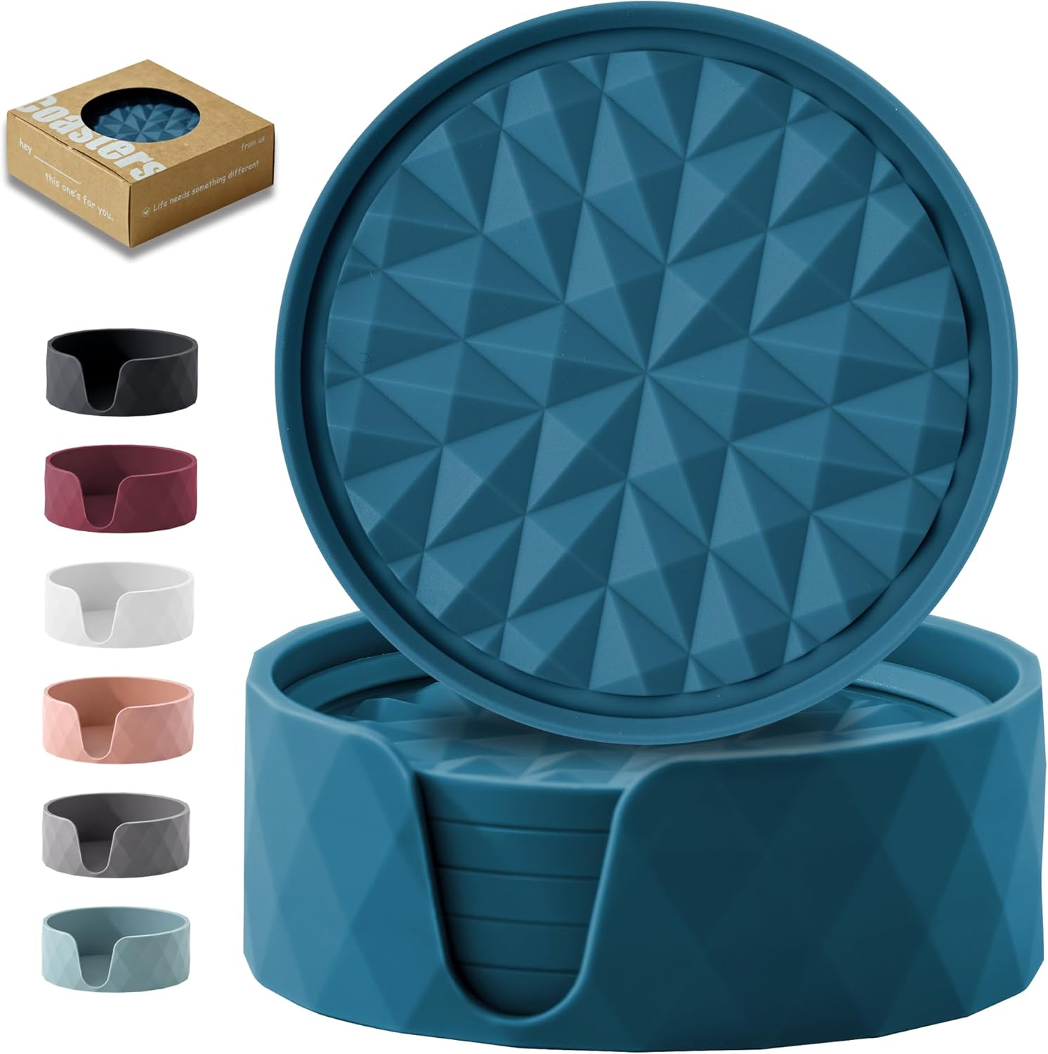 Wingcases Silicone Coasters for Drinks[6 Pack]- Cup Mat with Holder for Tabletop Protection-Non-Slip, Non-Stick, Coffee Table Decor, Great Gift for Any Occasion, Dark Blue image number 2