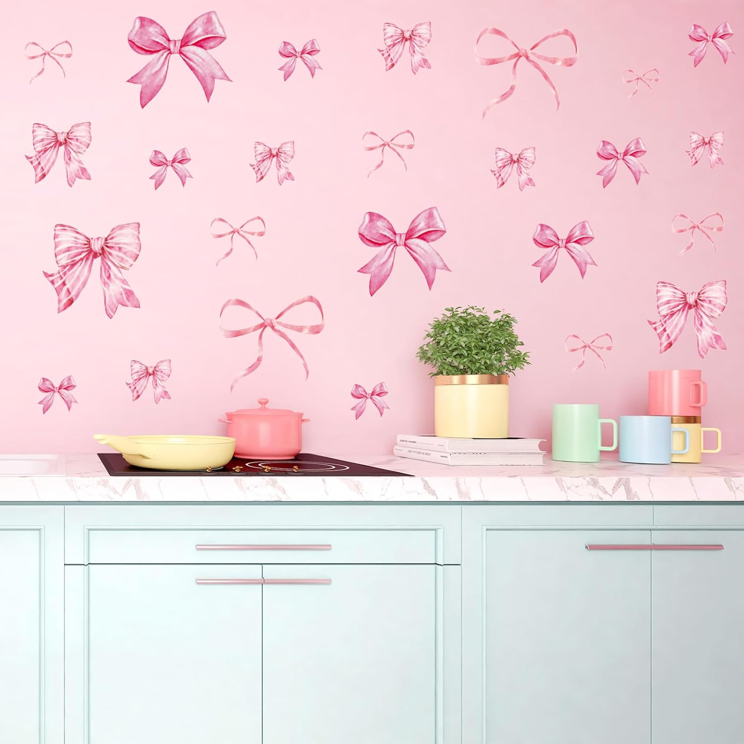Whaline 12 Sheets Trendy Pink Bow Wall Stickers Light Pink Bow Knot Wall Decals Watercolor Room Mural Stickers for Valentine'S Day Girls Party Home Bedroom Nursery, 7.9 X 11.8 Inch image number 1
