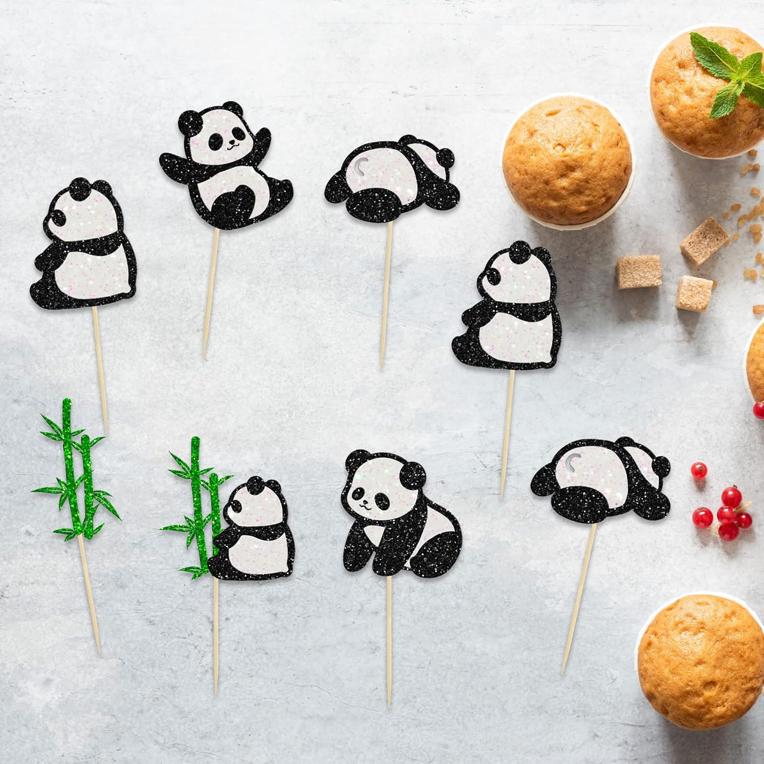 24Pcs Panda Cupcake Toppers Glitter Green Bamboo Cupcake Picks Cute Animal Bear Cake Decorations Baby Shower Kids Birthday Panda Theme Party Supplies image number 1