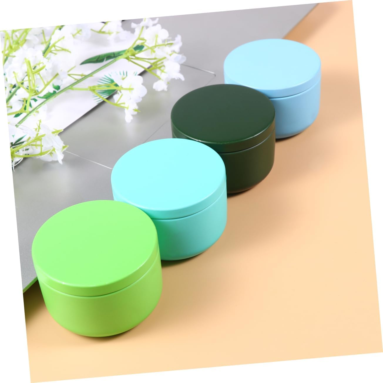 HAKIDZEL Mini round Tinplate Box with Lid, 4Pcs Small Metal Storage Tins for Tea, Coffee, Spice, Kitchen Canisters, Universal Mini Tin Container Set for Home Organization Random Color image number 2