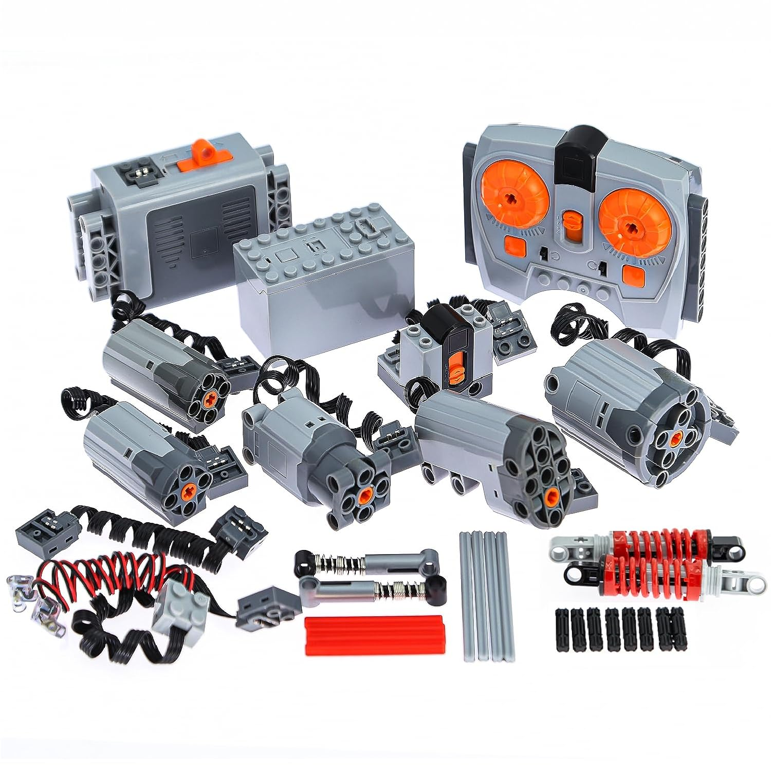 36Pcs Power Function Set Compatible with Technic-Parts. Include IR Speed Remote Control, IR Receiver, Battery Box, Motor, Power Function Light, Extension Wire, Servo Motor, Shock Absorber