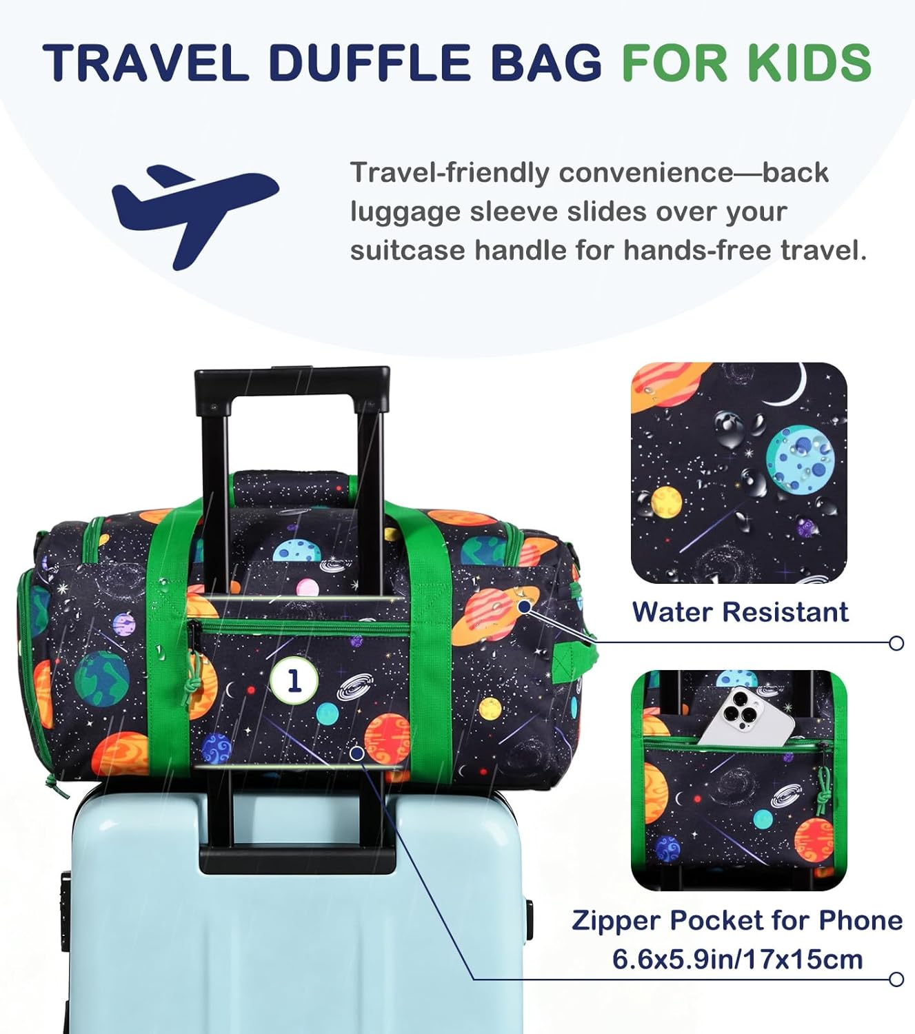 Kids Duffle Bag,Vaschy Travel Bag for Toddler Children Boys Water Resistant Overnight Duffel Ballet Dance Sport Carry on Weekender Bag with Shoes Compartment Dry Wet Pocket Green Space image number 6