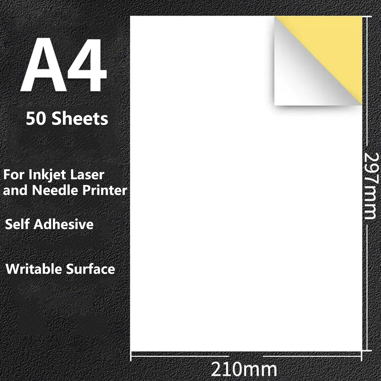 Label Sticker Paper, 50 Sheets A4 Full-Page White Matte Printable Self Adhesive Paper for Inkjet Laser Needle Printer (210X297MM) image number 3