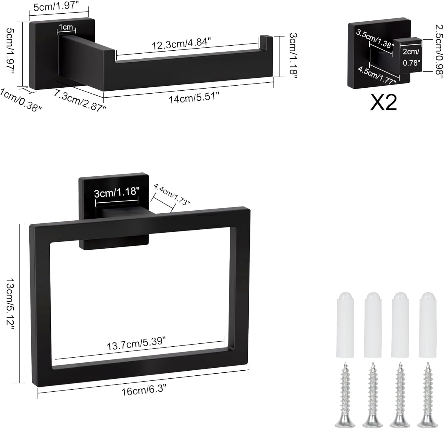 Sunzone Bathroom Hardware Accessories Set, Matte Black Bathroom Accessories Set,Wall Mounted Stainless Steel Towel Rack,Towel Ring,Toilet Paper Holder,2 Towel Hooks