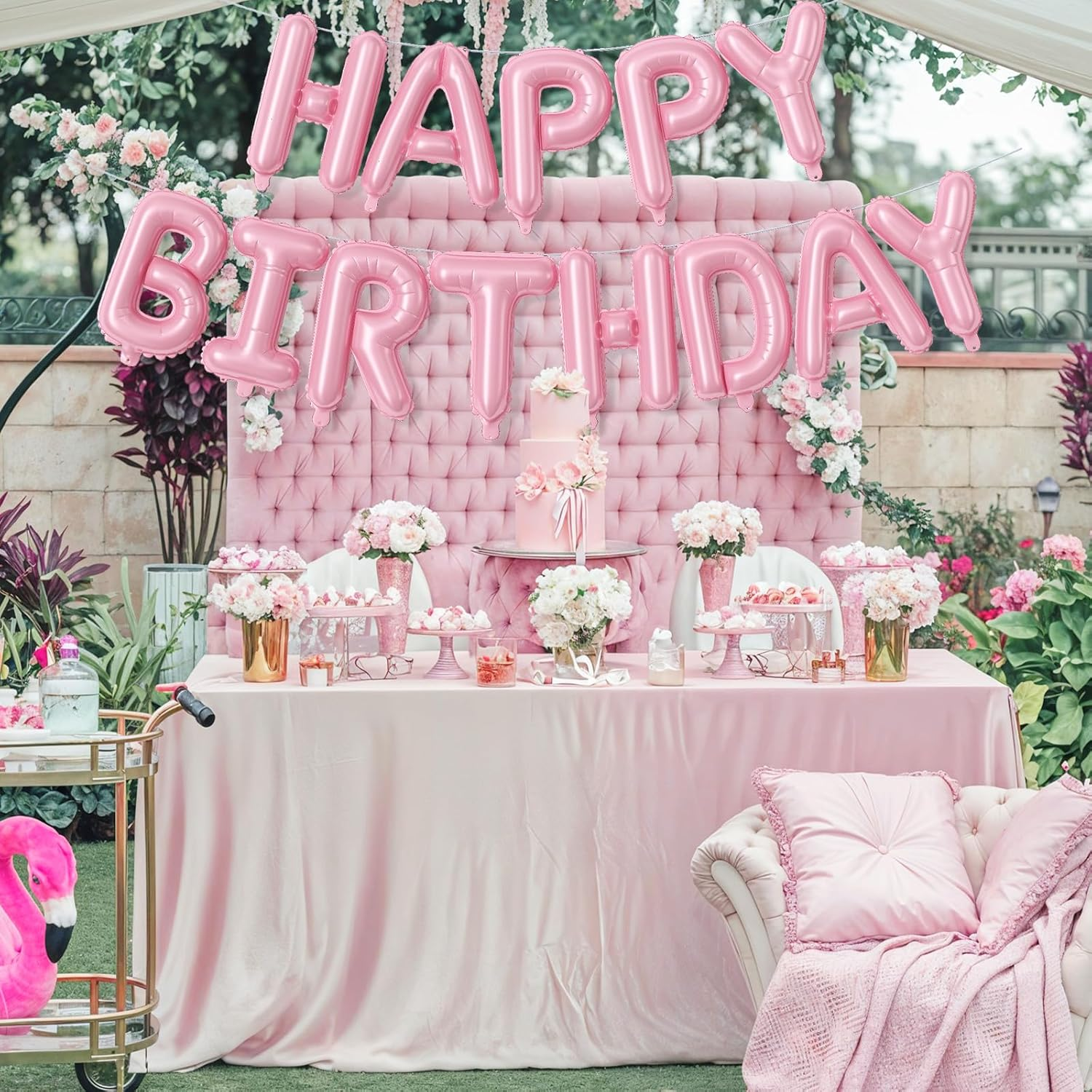 Pink Happy Birthday Balloon Banner, 16 Inch Pastel Pearl Baby Pink Self Inflating Happy Birthday Mylar Foil Balloon, Birthday Bunting Banner Letter Balloons for Girls Women Birthday Party Decorations image number 2