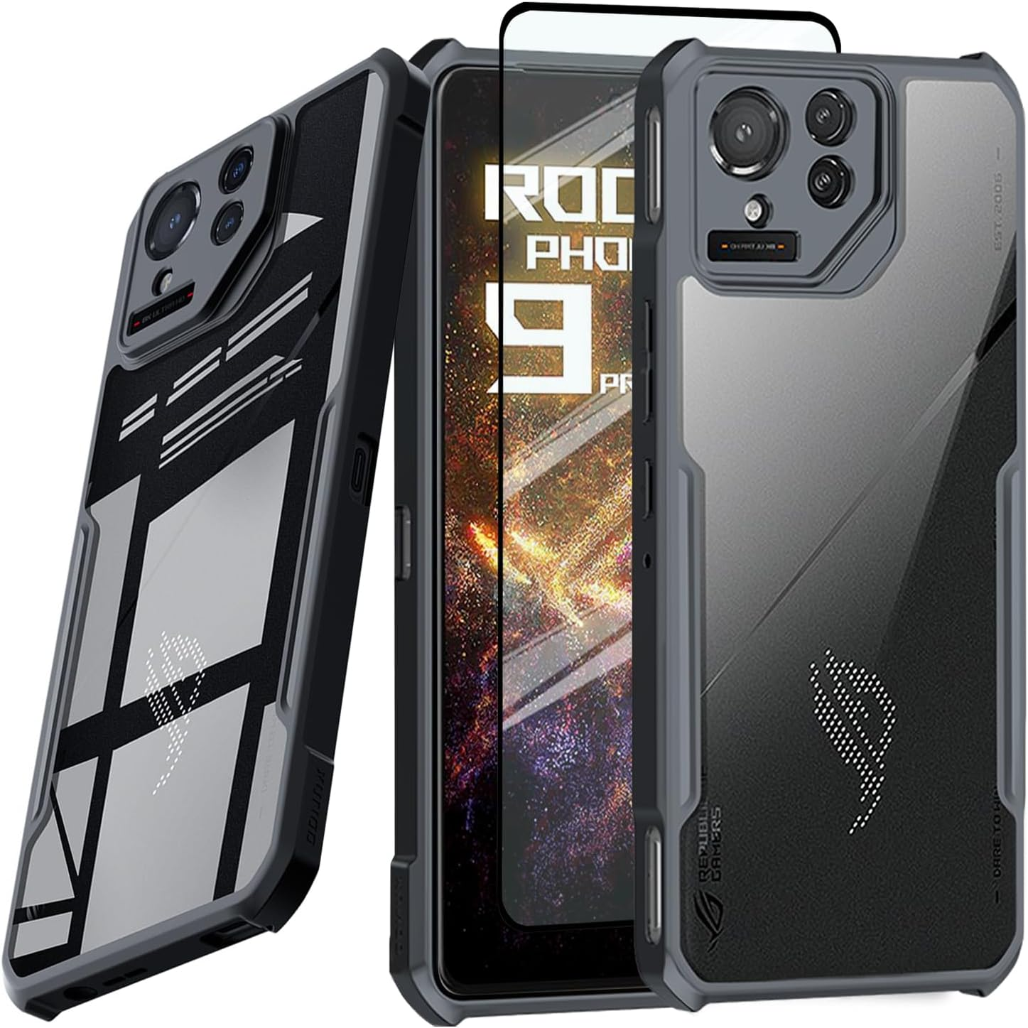 Guizzcg for ASUS ROG Phone 9 Case, Ultra-Thin Cover Soft TPU Bumper+ Acrylic Clear Back Military Grade Airbags Drop Protection[1 Tempered Film],Film Black