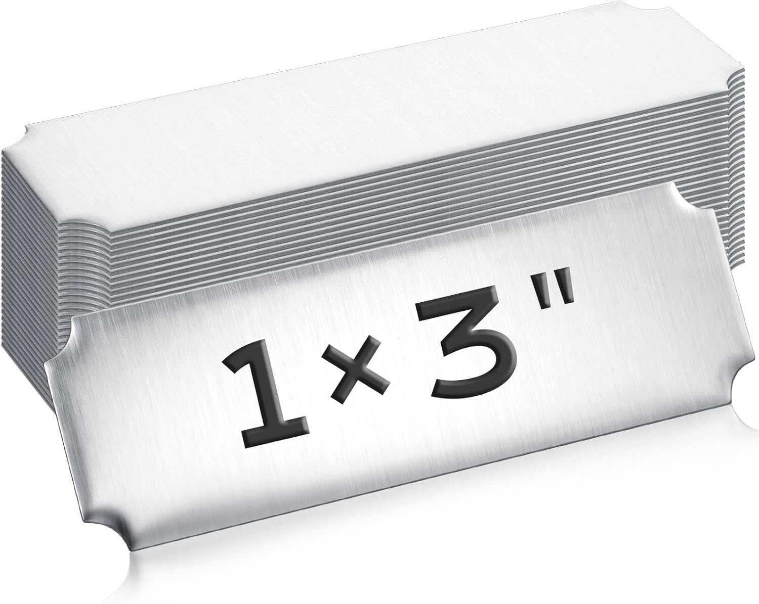 Therwen 30 Pcs Name Plates Laser Engraved Brushed Stainless Steel Plate Personalized Plaque Blank Custom Name Tag Frame Label with Adhesive Backing(Silver Notched Corner,1''X 3'')