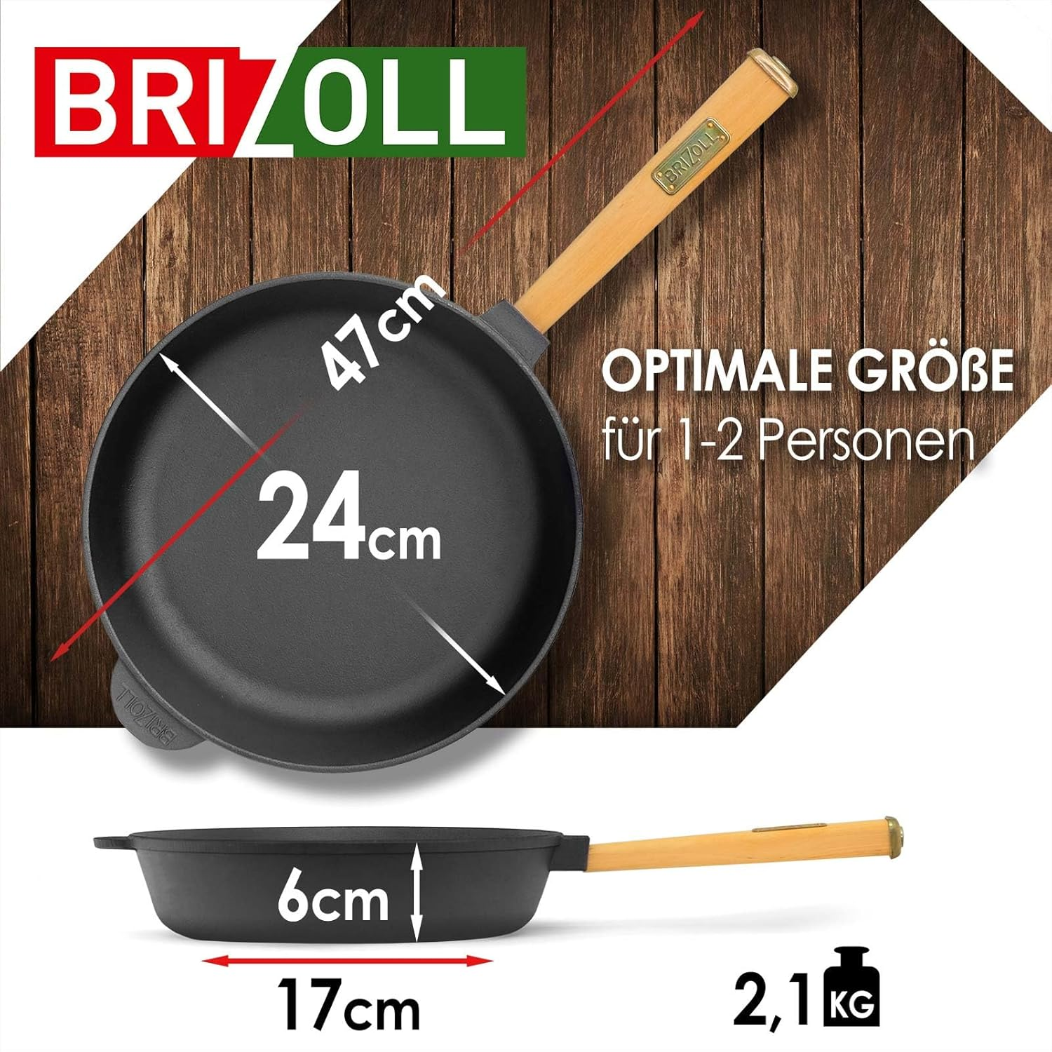 4Big.Fun Cast Iron Pan Diameter 24 Cm with Wooden Handle Removable 62 Mm High Cast Iron Frying Pan Steak Pan Cast Iron Pan Fire Pan Gas Grill Oven Fire Pit All Types of Cookers Induction image number 3