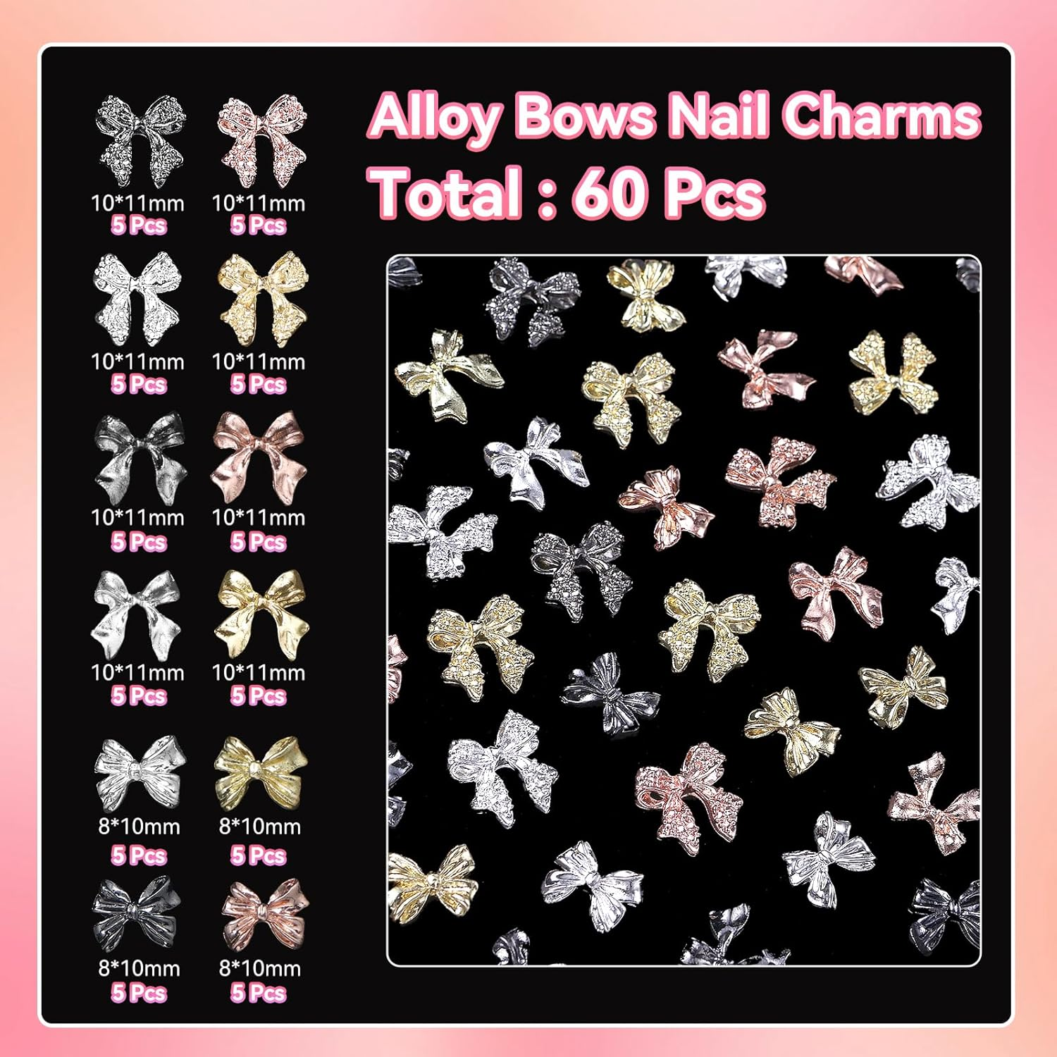60 Pcs Metal Bow Nail Gems Charms, 3D Alloy Bow Bowkont Nail Charms for Acrylic Nails, 12 Styles Silver Gold Black Bows Nail Art Charms, Bow Nail Jewelry for Nails DIY Y2K Decoration image number 1