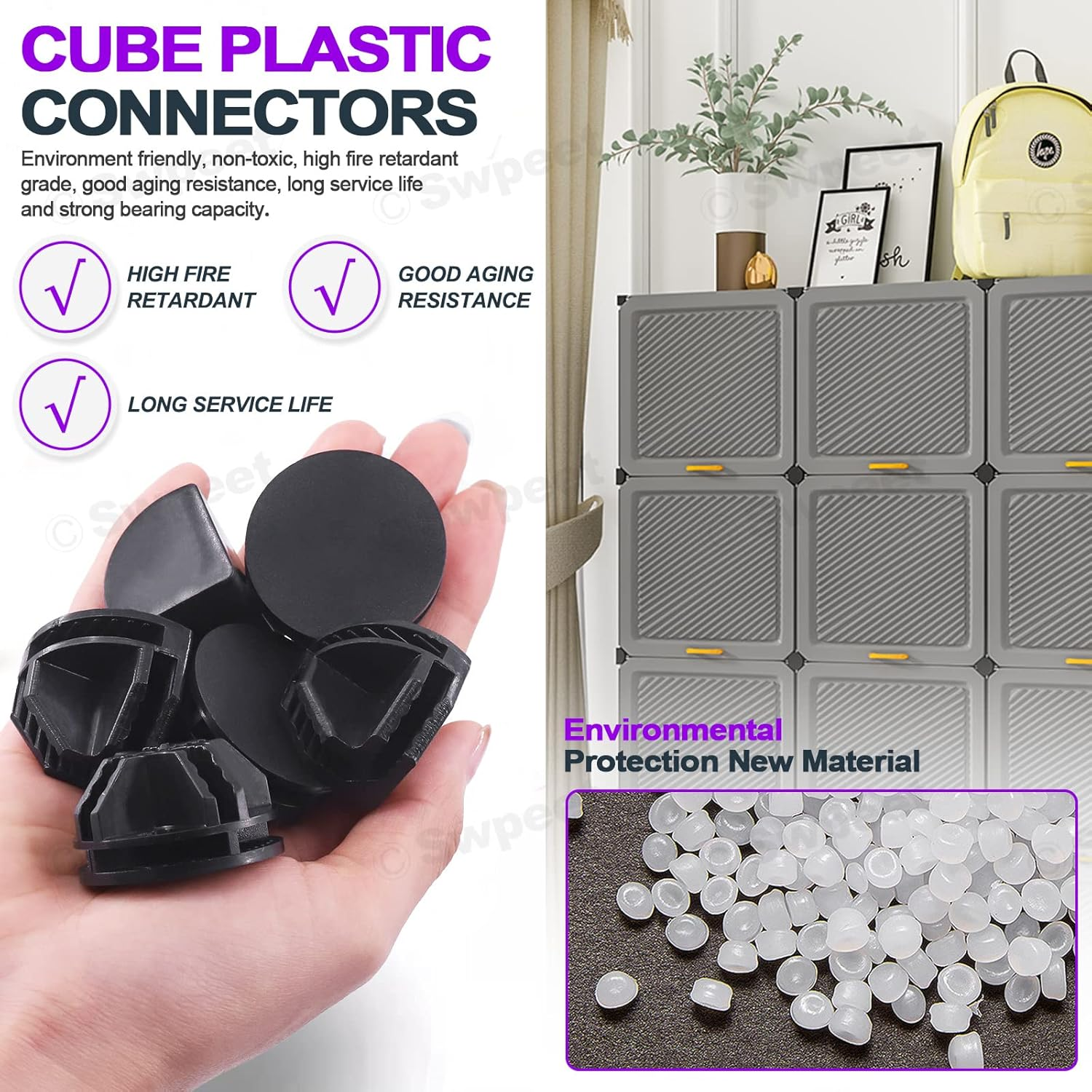 Swpeet 91Pcs 2 Styles Black Cube Plastic Connector with Cable Ties and Wooden Mallet Assortment Kit, Cube round and Right Angle Organizer Connector Wire Grid Heavy Duty Zip Ties for Shelving image number 4