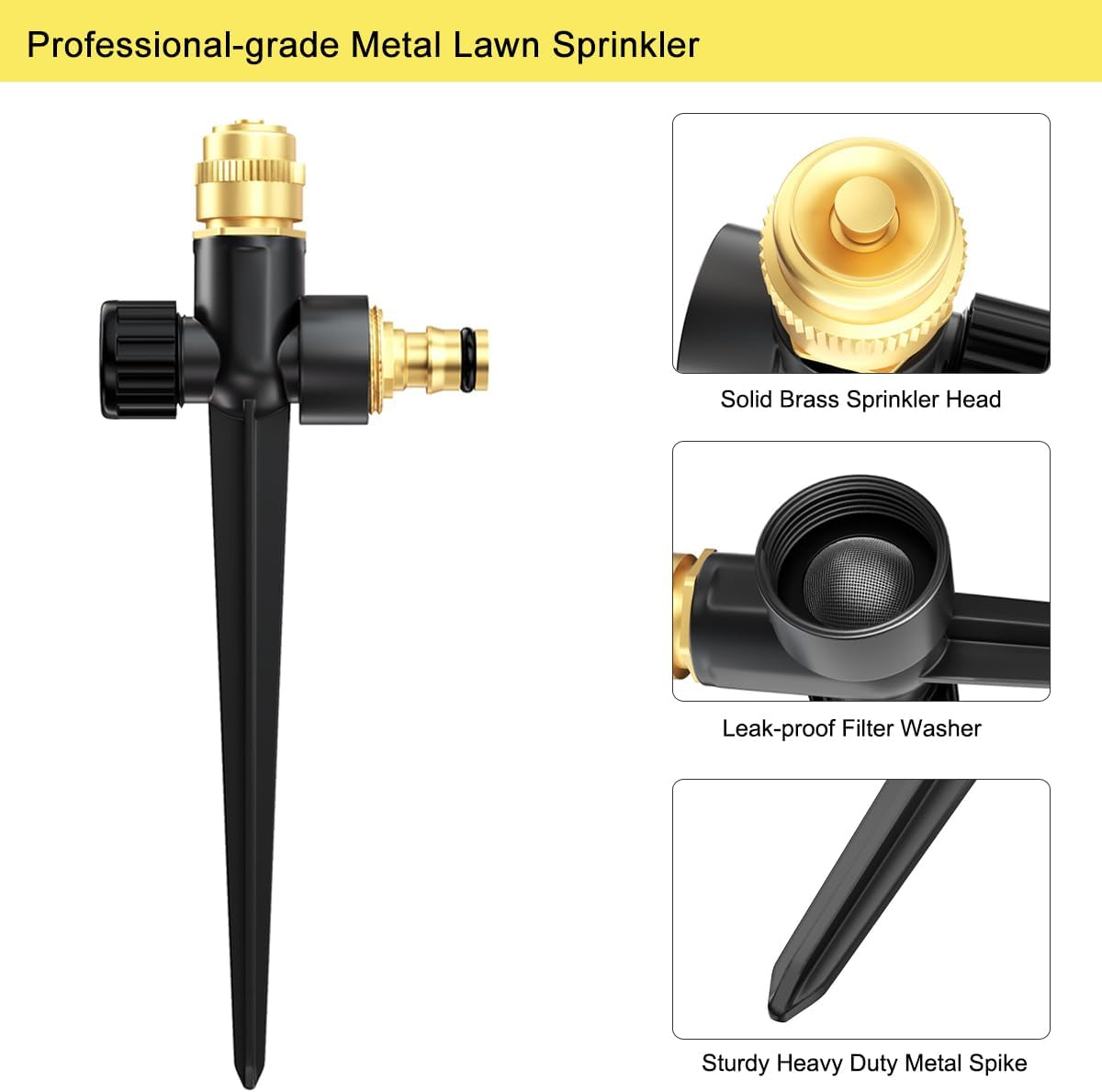 FANHAO Metal Lawn Sprinkler for Yard, 2 Pack Automatic Garden Water Sprinkler on Spike Base, Adjustable Brass Sprinkler Nozzle 360 Degree Large Area Coverage for Lawn Grass Patio Garden Irrigation