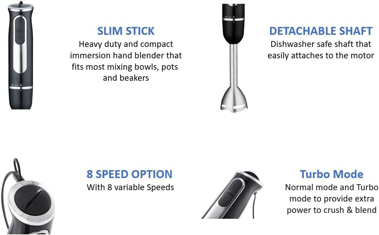 New 800W Stainless Steel Portable Stick Hand Blender Mixer Food Processor Set