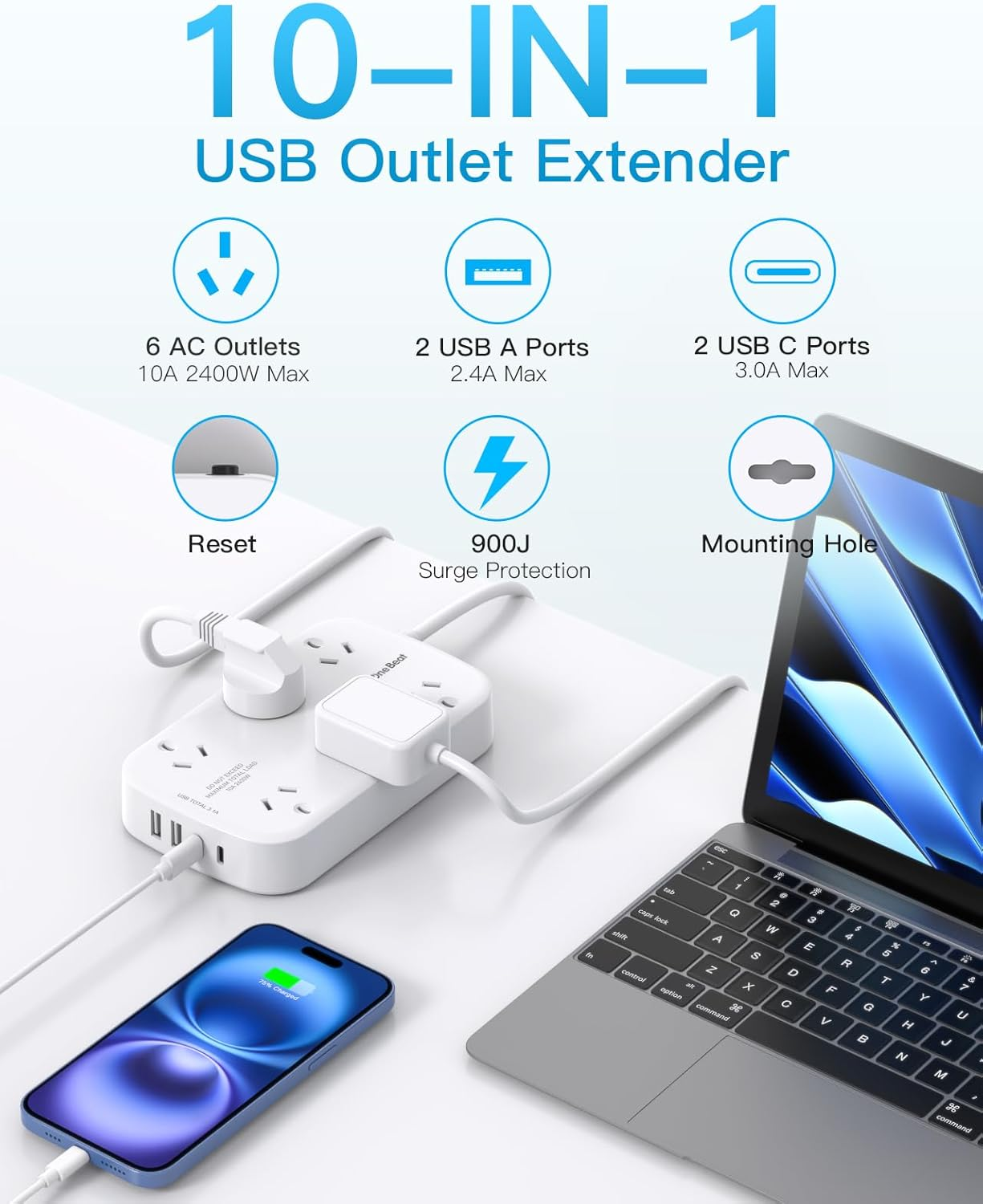 One Beat Surge Protected Power Board with 6 AC Outlets & 4 USB Ports (2&times;USB-C), 1.5M Extension Cord, AU Standard Travel Power Strip for Office, Dorm, Home Essentials image number 3