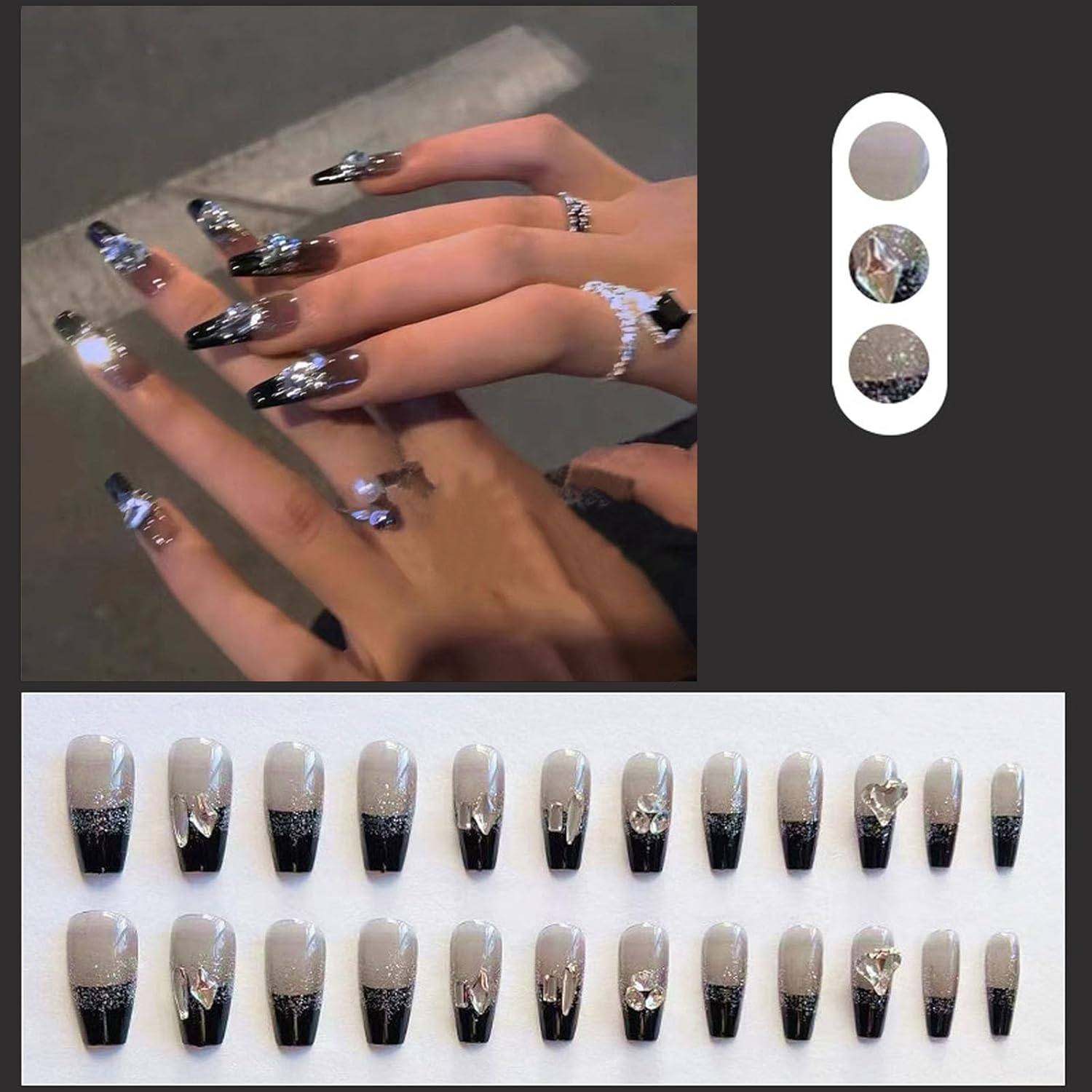 Rabbfit Pack of 24 Nail Art Set, Press on Nails, Medium Black French Tip, with Diamond Nails, Long Acrylic Rhinestone Nails, Exquisite Artificial Nails for Women, DIY Manicure image number 3