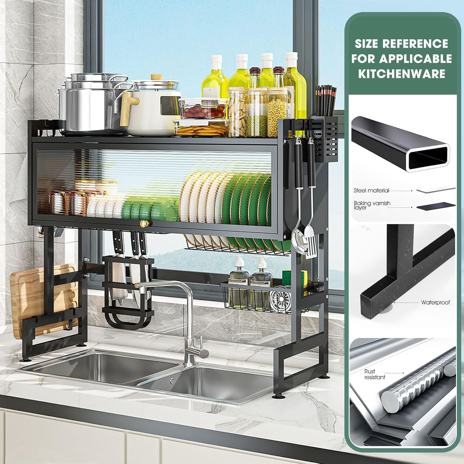 3 Tier over Sink Dish Rack Steel Dish Drainer Dish Drying Rack with Lid Kitchen Counter Storage Organization Adjustable Length 90-95Cm