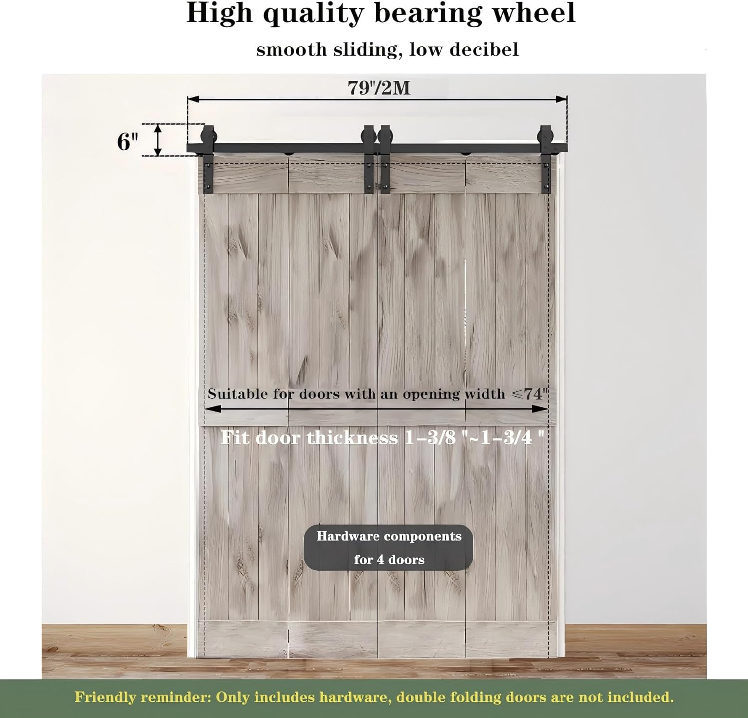 Bifold Sliding Barn Door Hardware Track Kit,Side Mounted Black Roller,Smoothly and Quietly,Assembly Easy (Black, 79 for 4 Door) image number 2