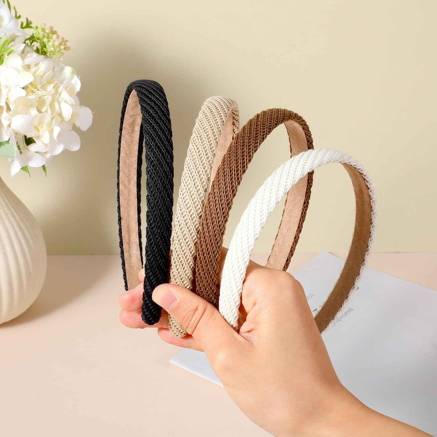 KFHENSOMR Pack of 4 Trendy Headbands, Women'S Elegant Thin Hair Band for Women and Girls (Black/Beige/Coffee/Brown) image number 4