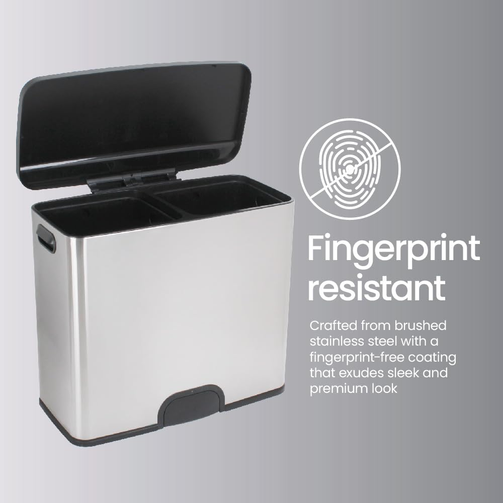 White Magic Smart Bin Duo &ndash; 46L, Toe Tap Operation, Dual 23L Bins for Recycling & General Waste, Soft Close Lid, Stainless Steel, Fingerprint-Free, Battery-Powered with 10,000 Cycles, 1-Year Warranty