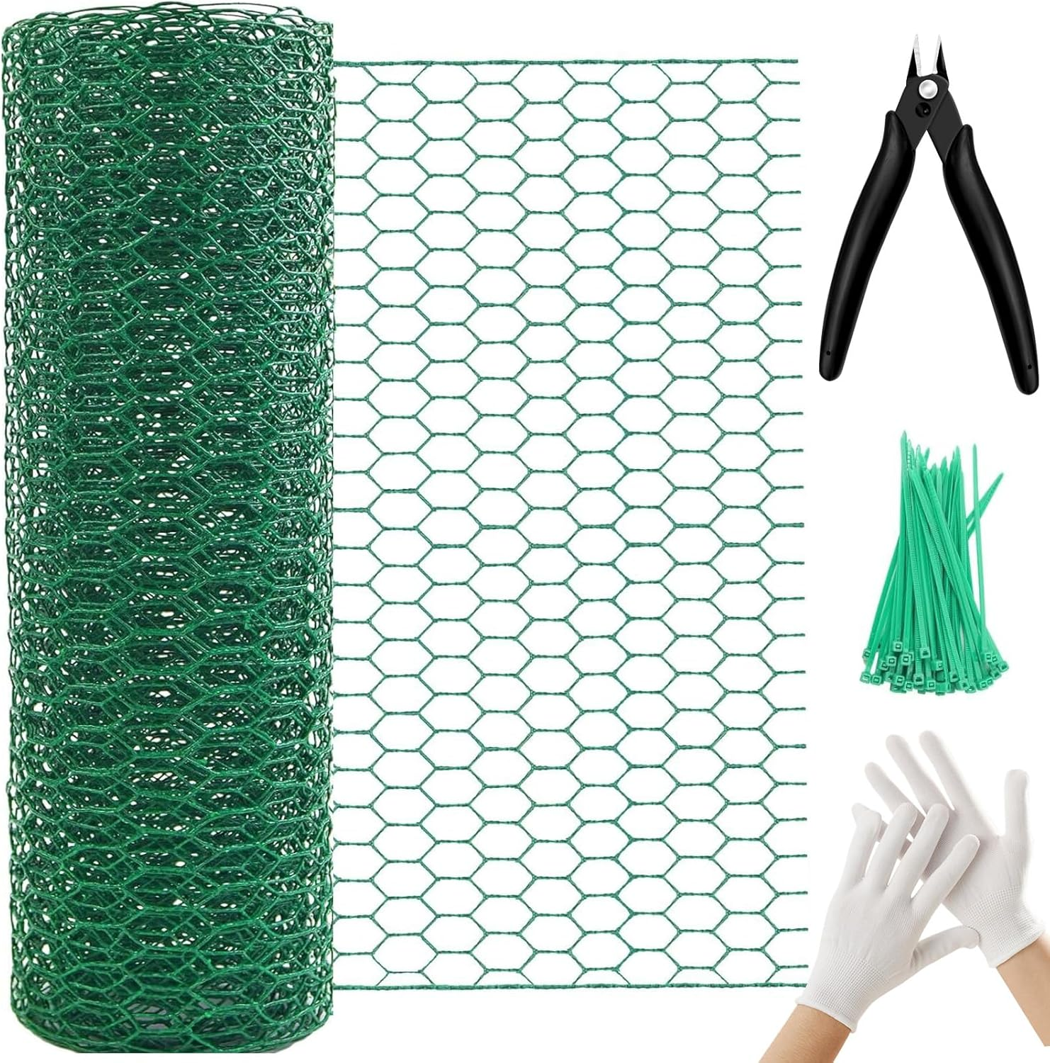 Chicken Wire 15.7In X 236In with a Pair of Gloves，1 Wire Cutter，50 Pcs Cable Zip Ties, Floral Chicken Wire Mesh 0.8In Hexagonal Galvanized PVC Coated Garden Netting Fence for Craft Poultry Garden image number 4