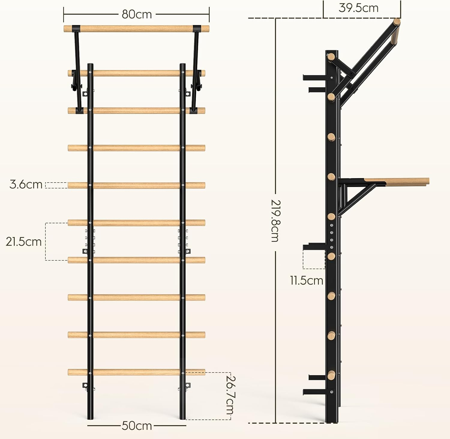 Wall-Mounted Climbing Frame with Pull-Up Bar & Dip Bars &ndash; 220 Cm Home Fitness Jungle Gym Made of Beechwood &ndash; Max. Load Capacity 250 Kg &ndash; for Strength Training, Calisthenics & Rehabilitation image number 5