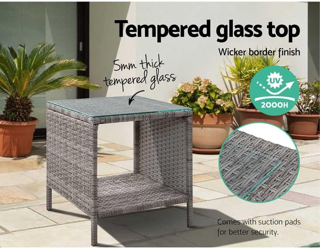 Gardeon Wicker Rattan Coffee Table - Square Tempered Glass Top Furniture with Storage for Outdoor Backyard Lawn Balcony Pool Patio, Grey image number 3