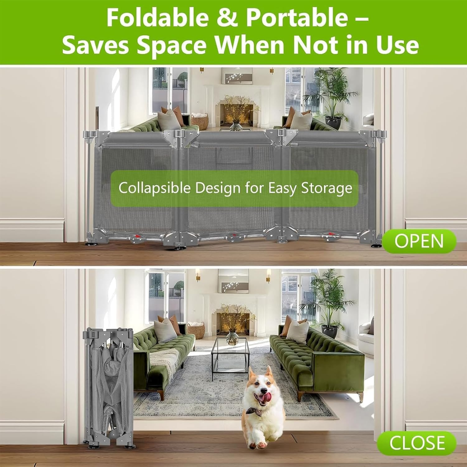 Baby Safety Gate, Extra Wide 3-Panel Foldable Pet Gates for Doorways, Durable Baby Fence Play Yard, Adjustable Safety Gate/Door for Child/Pet, for Kitchen, Stairs, Indoor&Outdoor (Grey, L)