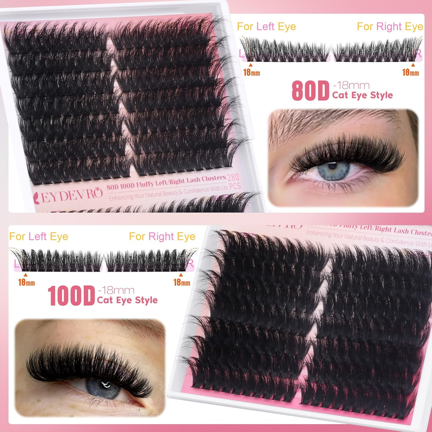 EYDEVRO Fluffy Lash Clusters Kit 80D100D Volume Lash Extension Kit 280 Pcs Left/Right Cluster Eyelash Extension Kit D Curl Thick Mega Lash Clusters with Waterproof Lash Bond and Seal and Lash Tweezers image number 3