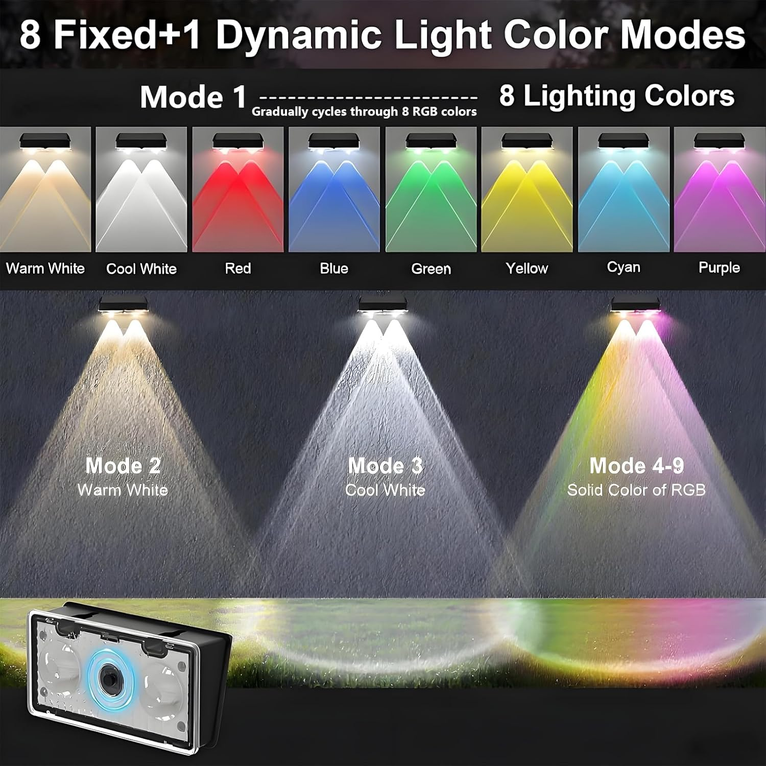 Solar Fence Lights Outdoor-Ip65 Waterproof 9 RGB Modes, High Brightness LED Fence Lights Solar Powered,Solar Wall Light for Backyard/Railing/Step/Patio/Pool (8 Pack)