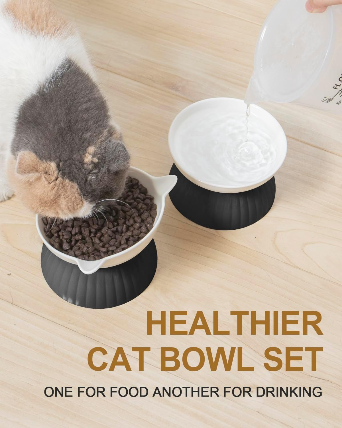 2 Ceramic Raised Cat Food and Water Bowls, Elevated Pet Bowl Set for Indoor Cats and Small Dogs, Anti-Vomiting Feeder with Plastic Base, Dishwasher Safe, Black - Black image number 3