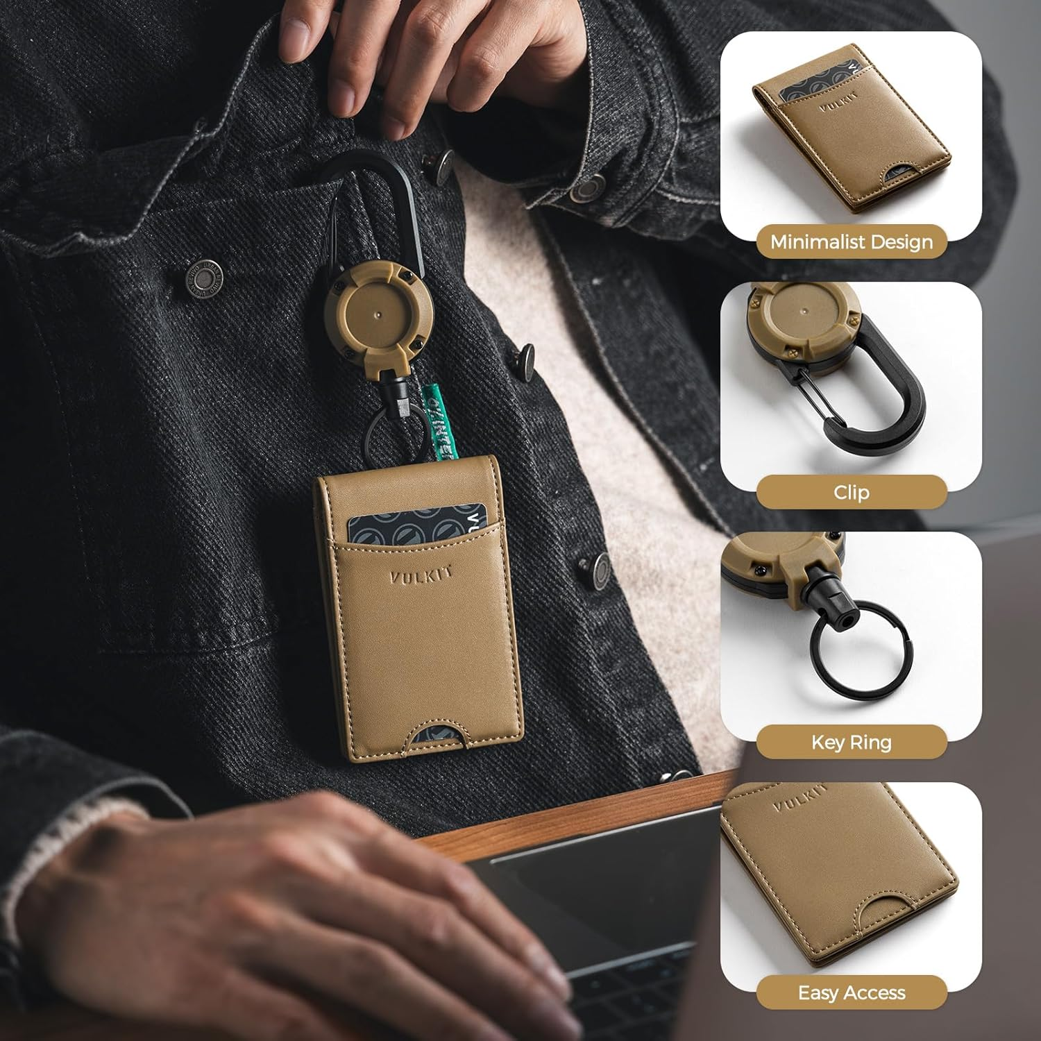 VULKIT Badge Holder Retractable Clip, Leather Bifold Double ID Card Holder, Retractable Keychain Carabiner, Holds 5 Cards, Keys Khaki - Khaki image number 3