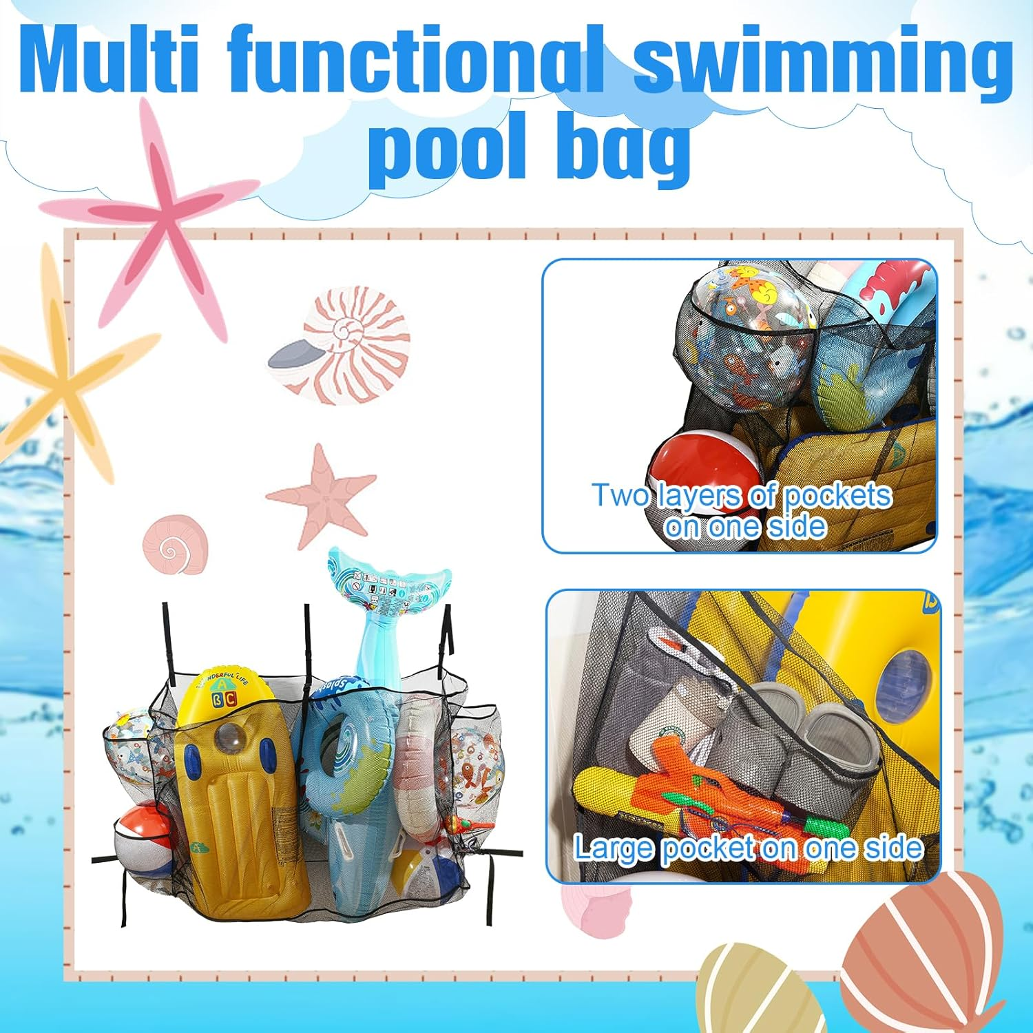 Pool Float Storage Bag,Adjustable Pool Toys Organizer Hanging Mesh Bag with 3 Side Pockets for Rafts,Balls,Floats,Inflatable Toys,High Strength Pool Toy Storage Net Bag,Swimming Pool Accessories image number 6
