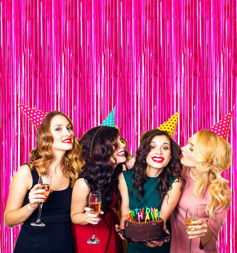 2 Pcs 3.2Ft X 8.2Ft Shiny Hot Pink Metallic Tinsel Foil Fringe Curtains Photo Booth Backdrop for Birthday Wedding Holiday Celebration Bachelorette Party Decorations (Hot Pink) - Pink image number 3