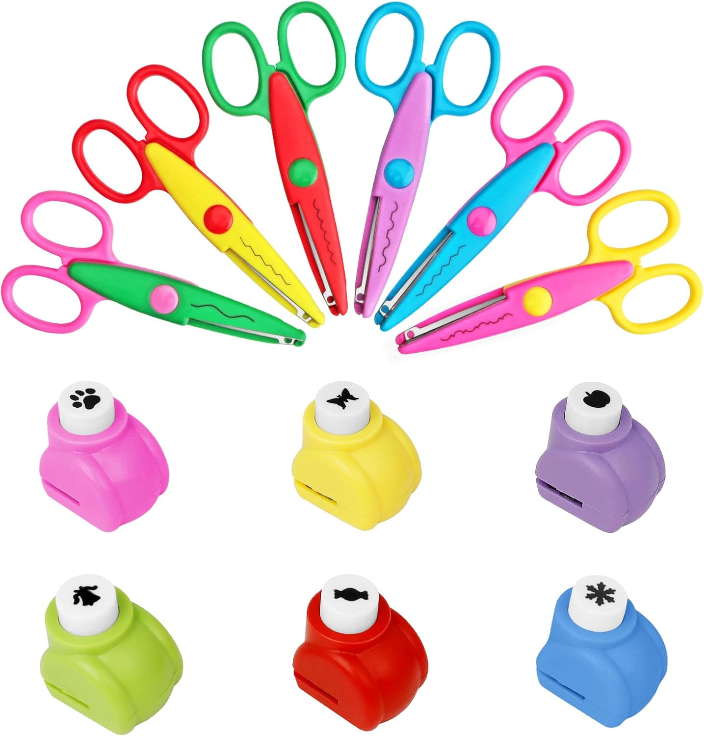 Decorative Scissors for Kids - Craft Set with Various Interesting Patterns, Safe and Smooth Cutting - 6 Scrapbook Scissors and 6 Paper Punches, Set of 12, Funny and Colorful