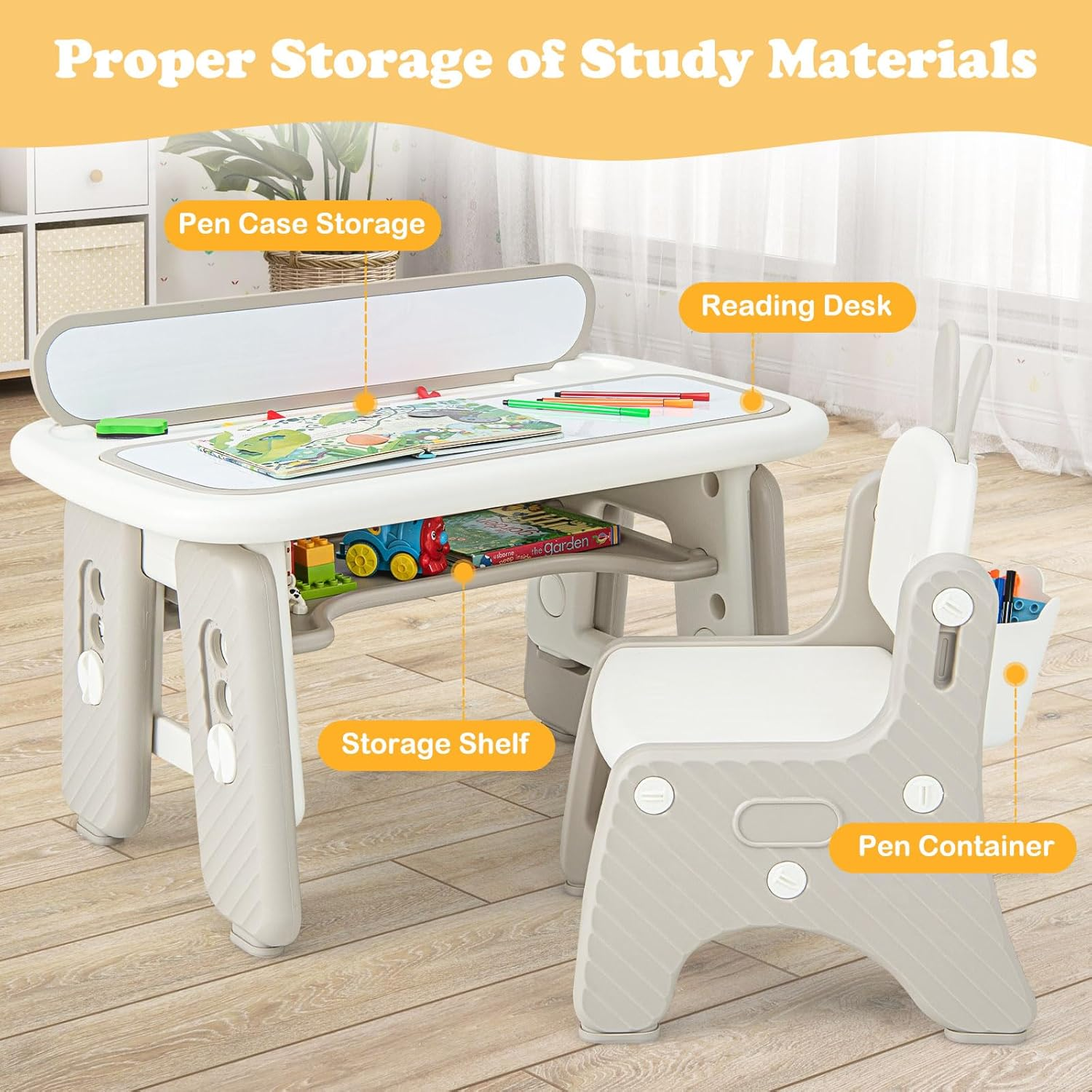 INFANS Kids Table and Chair Set, Activity Table with Magnetic Drawing Board 4 Gears Adjustable Height Bookshelf Watercolor Pens, Toddler Plastic Furniture Table for Playing Reading Eating image number 5